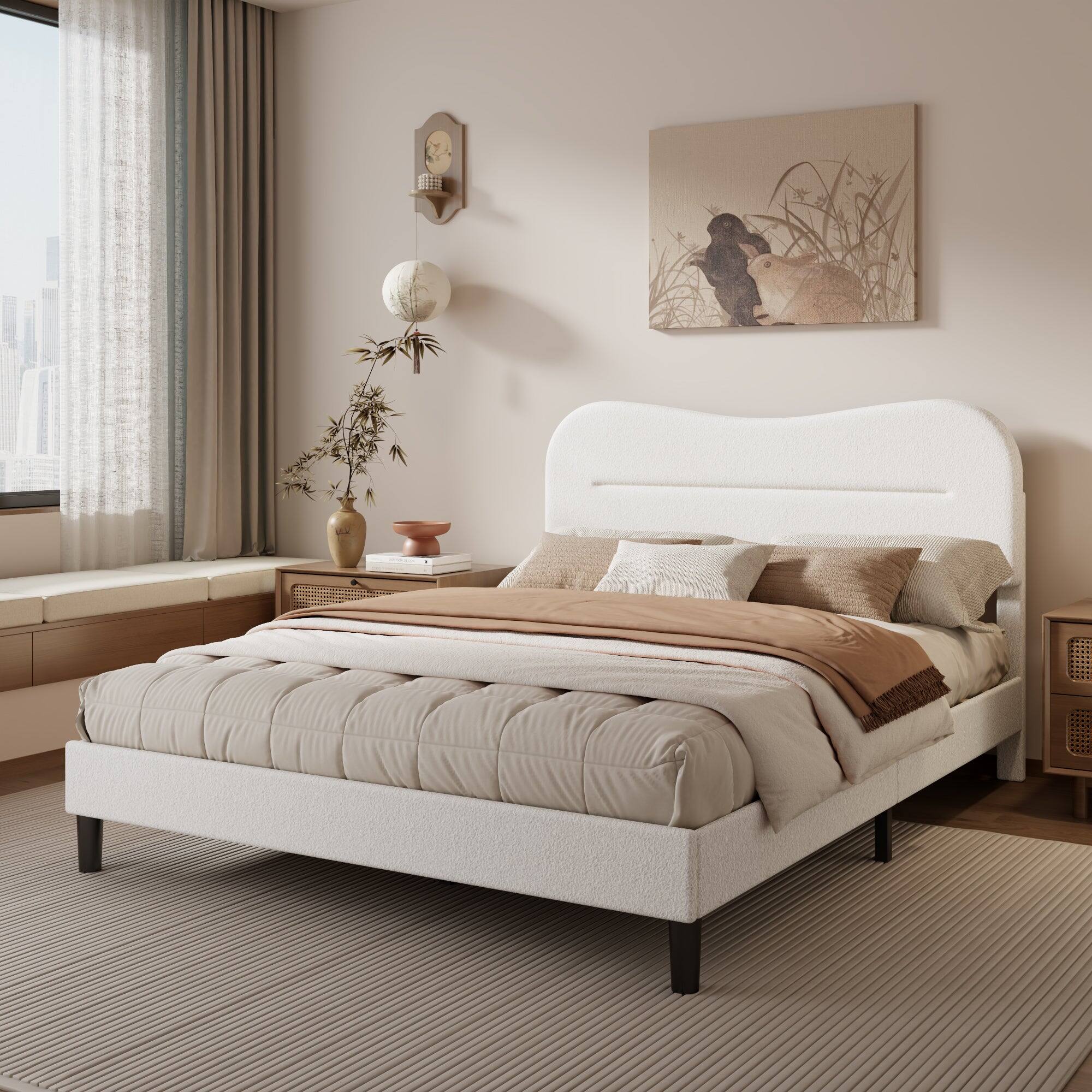 Left. Furnulem - Bed Frame With Teddy Velvet Soft Curved Headboard Platform Bed With Wooden Slats Support - White.