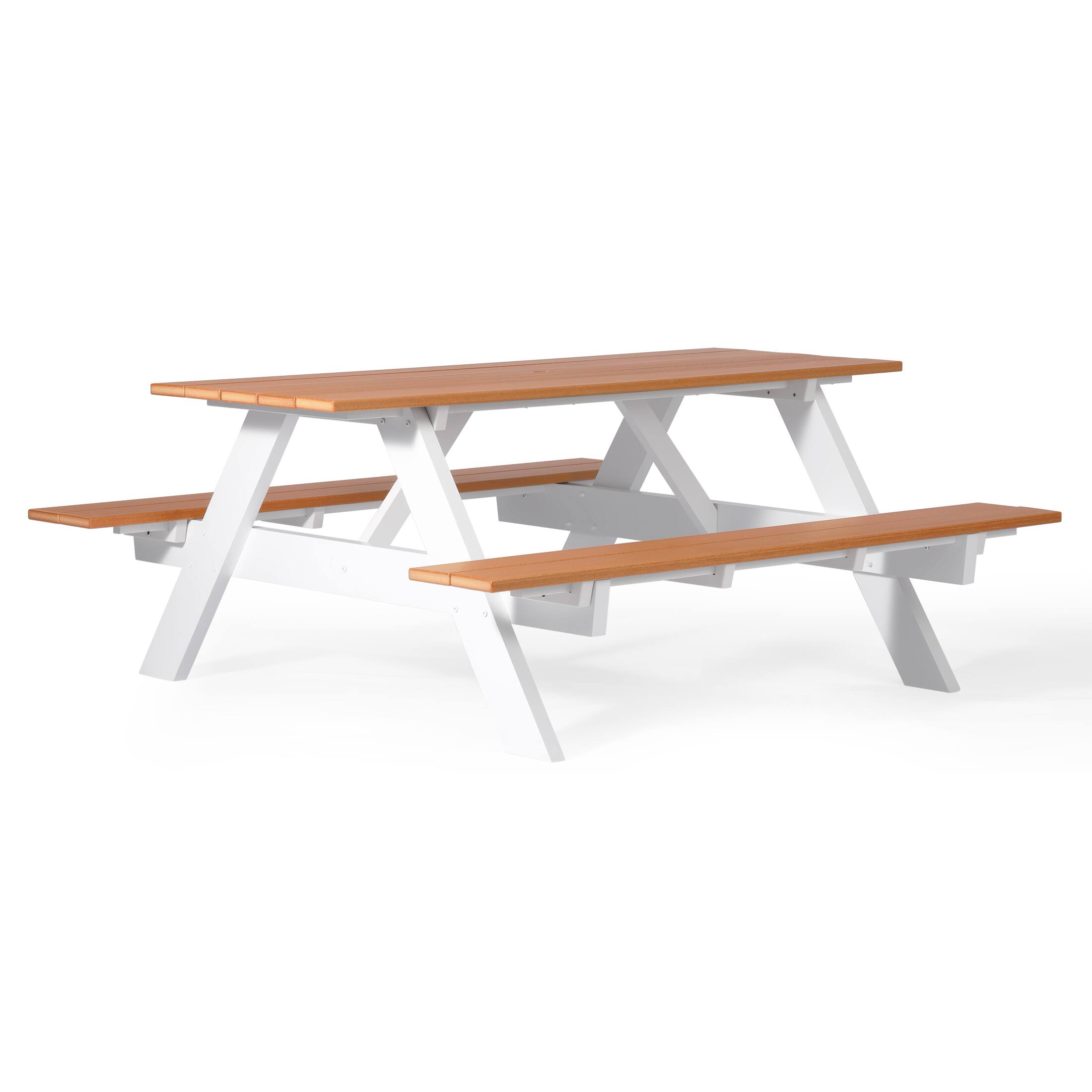 Left. WestinTrends - WestinTrends Greenville Outdoor 70" HDPE Plastic Picnic Table Bench With Umbrella Hole - Teak.
