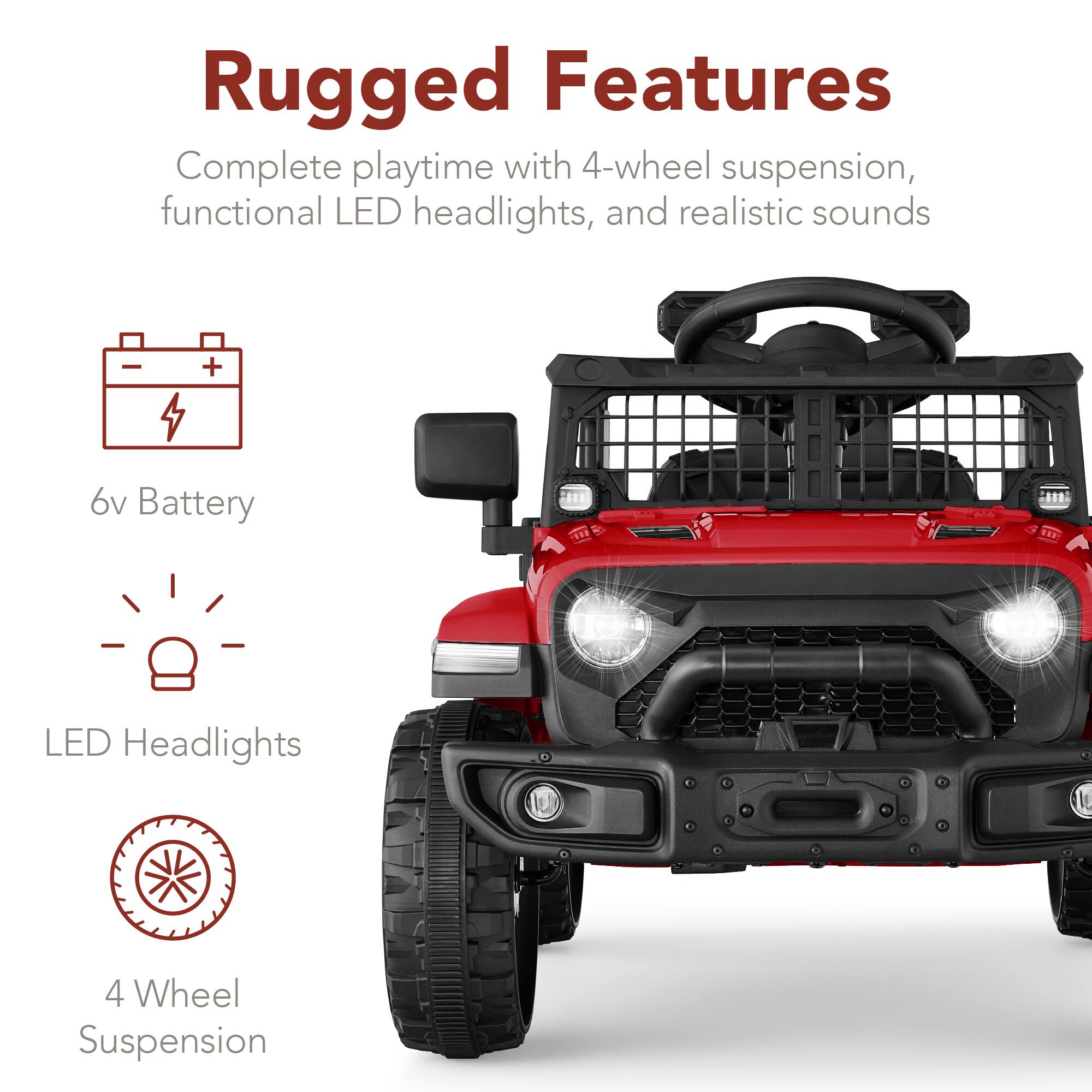 Rugged Features: Complete playtime with 4-wheel suspension, functional LED headlights, and realistic sounds. 

- 6V Battery
- LED Headlights
- 4 Wheel Suspension