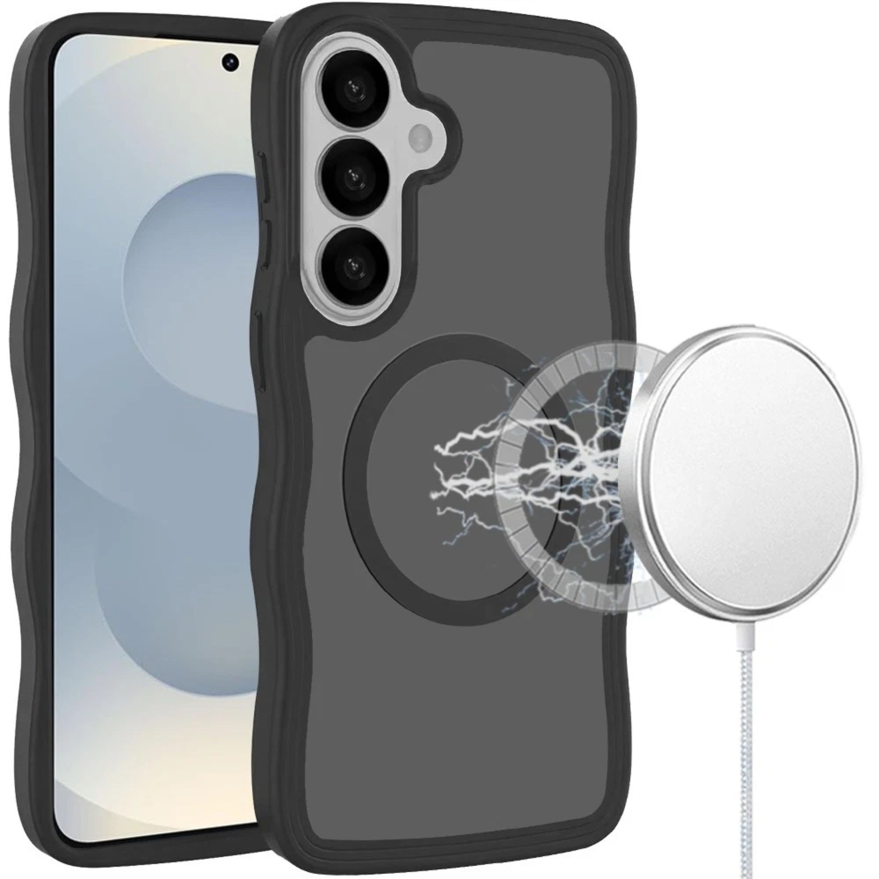 Kitcheniva - Wavy Side Grip with Magnetic Circle With Tempered Glass For Samsung S26 - Black