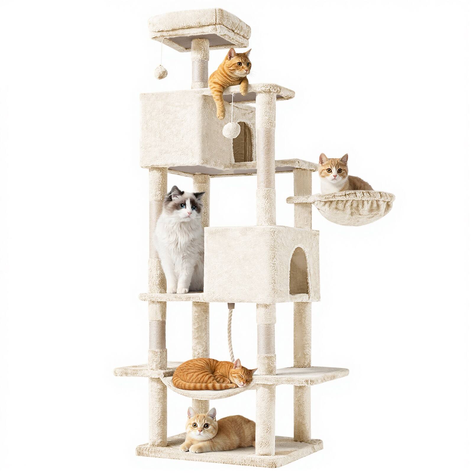 Alt View 3. Bestier - 66-in Cat Tree Tower, Large Multi-Cat Climbing, Extended Platform, Hammock, Pet House for Indoor Cats and Kittens Play - Beige.