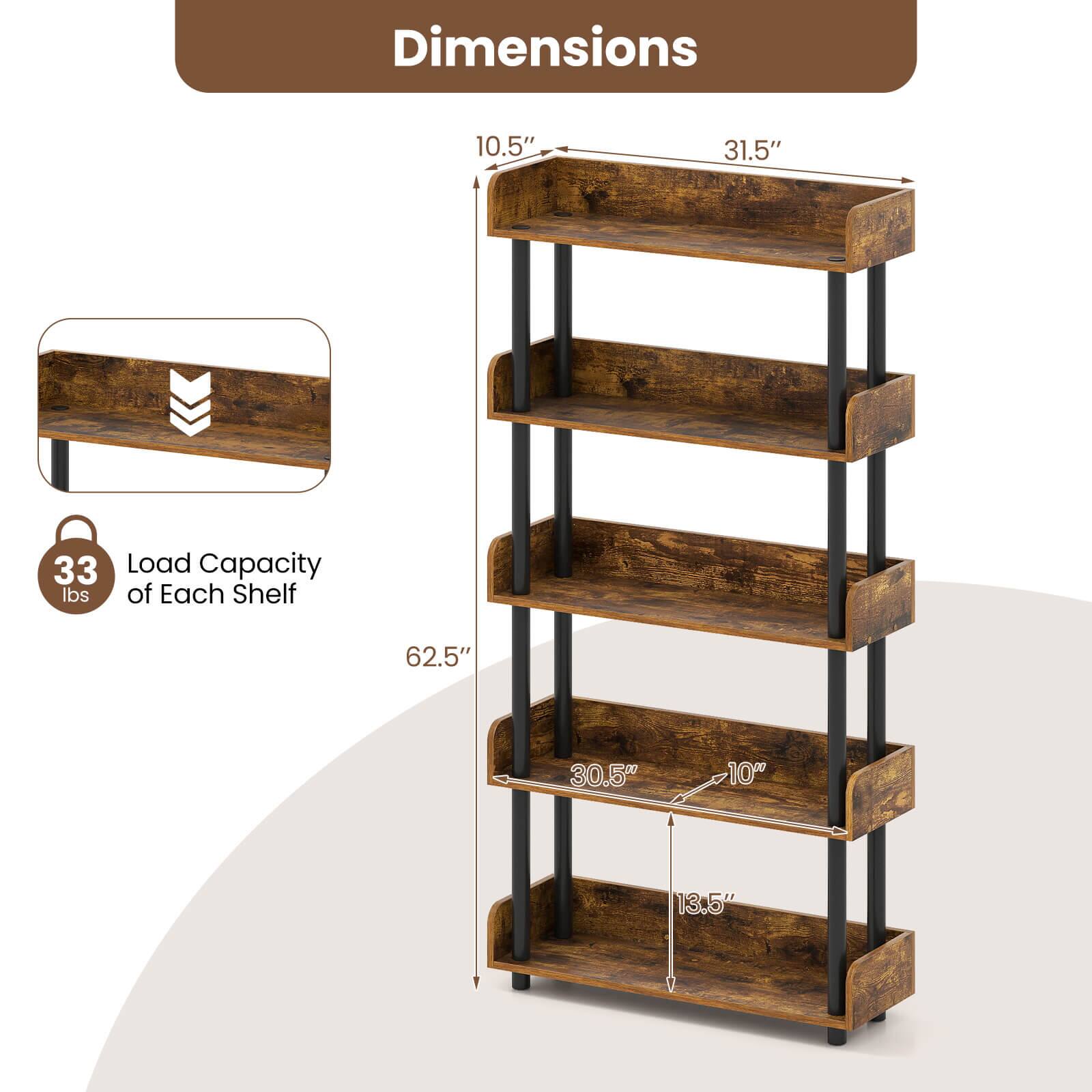 Dimensions: 10.5" x 31.5" x 62.5"  
Load Capacity of Each Shelf: 33 lbs  
Shelf Dimensions: 30.5" x 10" x 13.5"