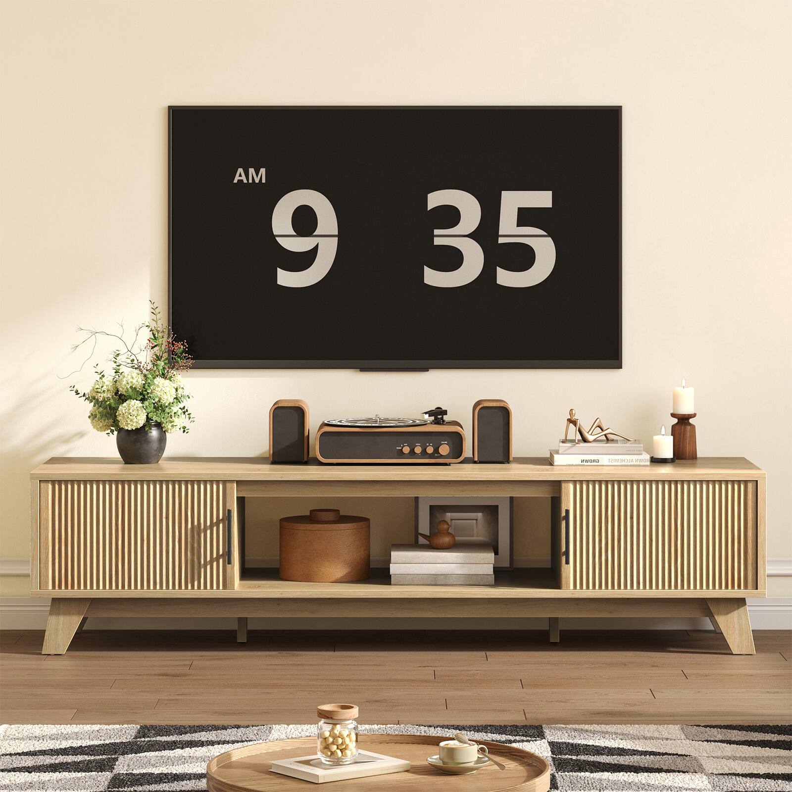 Alt View 2. Bestier - Fluted TV Stand for 75" TV, Modern Console Medium Entertainment Center with Storage Cabinet & Open Shelf - Oak.