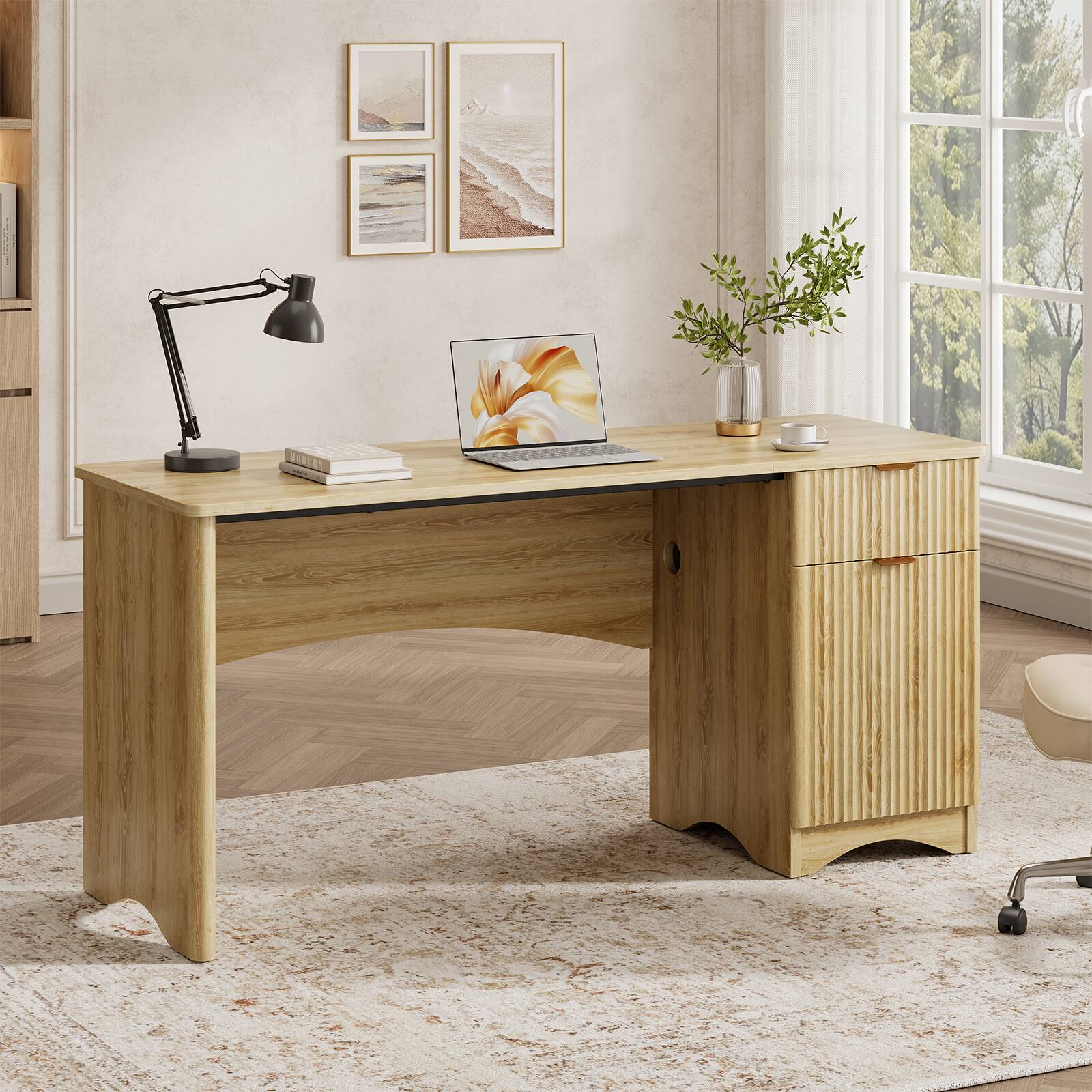 Alt View 4. Bestier - 55 inch Computer Desk with Drawer and Cabinet, Modern Home Office Desk with Storage for Home Office - Natual Oak.
