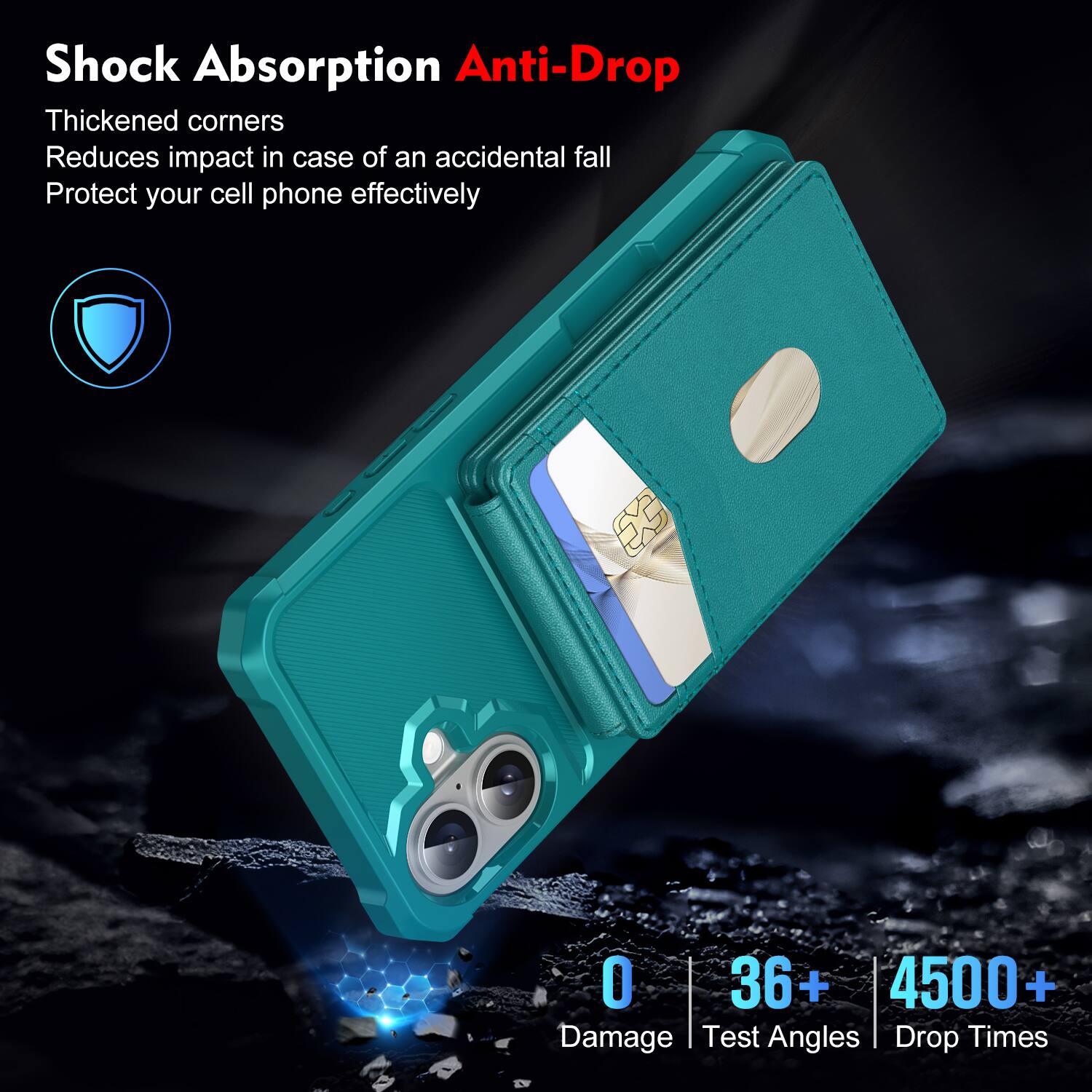 Shock Absorption Anti-Drop  
Thickened corners  
Reduces impact in case of an accidental fall  
Protect your cell phone effectively  

0 Damage  
36+ Test Angles  
4500+ Drop Times