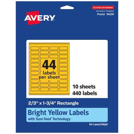 Go to avery.com/templates
Use Avery Template Presta® 94209
44 labels per sheet
10 sheets
440 labels
2/3" x 1-3/4" Rectangle
Bright Yellow Labels with Sure Feed Technology for Laser/Inkjet