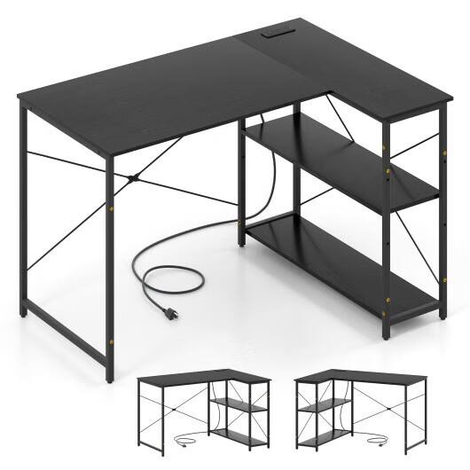 Front. Homemark - 47-Inch Reversible L-Shaped Corner Computer Desk with Adjustable Storage Shelves and Charging Station - Black.