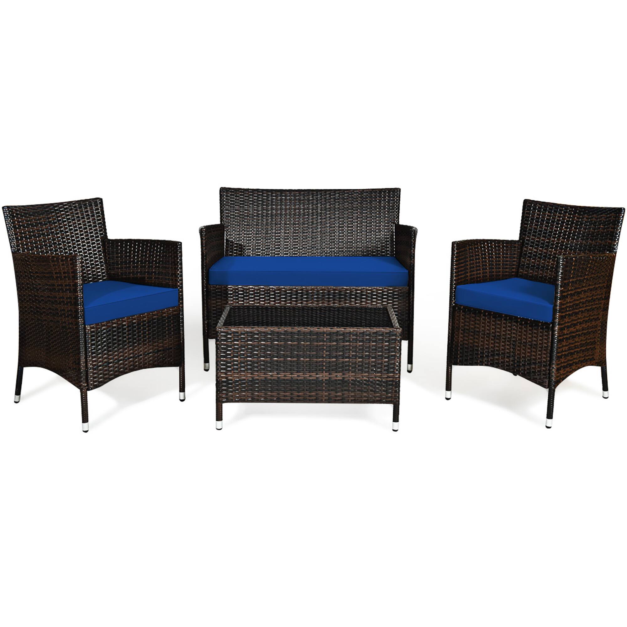 Alt View 1. Gymax - Gymax 4PCS Patio Rattan Conversation Furniture Set Outdoor w/ Navy Cushion - Navy.