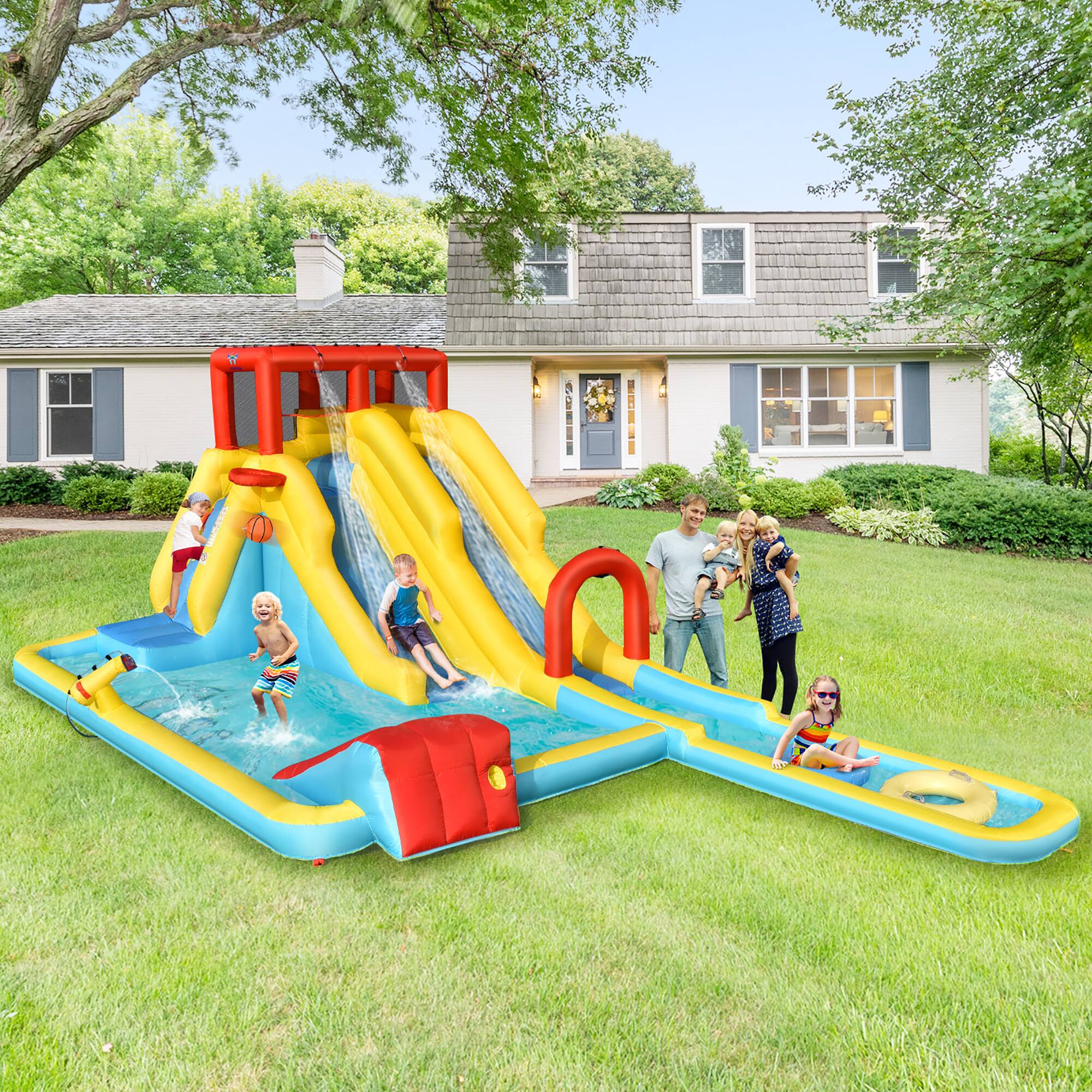 Alt View 1. Costway - Costway 7 in 1 Inflatable Dual Slide Water Park Climbing Bouncer W/ 950W Blower - Multicolor.