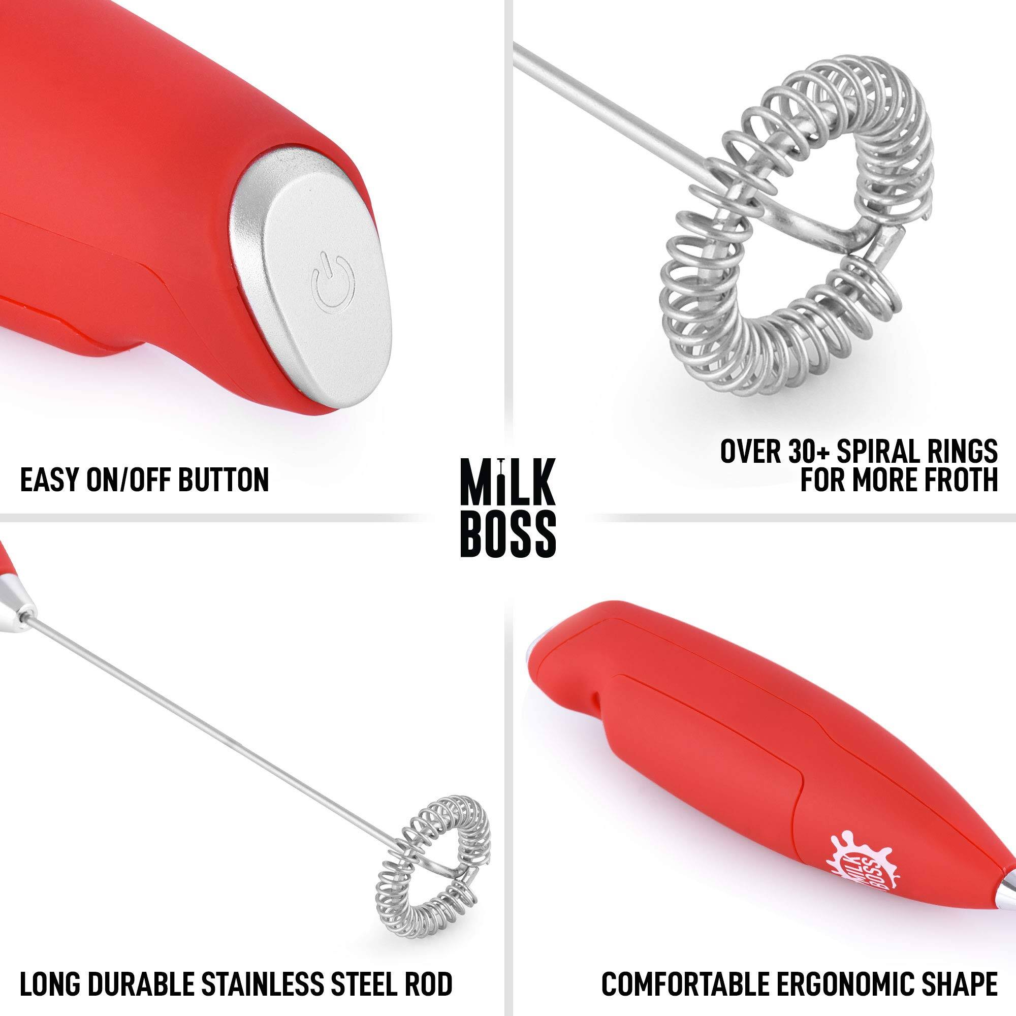EASY ON/OFF BUTTON  
MILK BOSS  
OVER 30+ SPIRAL RINGS FOR MORE FROTH  
LONG DURABLE STAINLESS STEEL ROD  
COMFORTABLE ERGONOMIC SHAPE