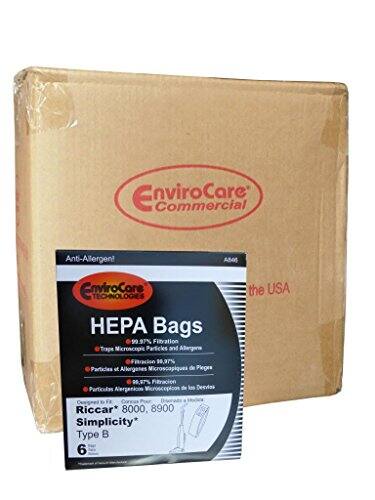 EnviroCare Commercial Anti-Allergen!  
EnviroCore TECHNOLOGIES HEPA Bags  
99.97% Filtration of Microscopic Particles and Allergens  
the USA  
90.97% Particles of Allergenes Microscopiques de Pleges  
00.07% Filtracion Particulas Alergenicos Microscopicon de las Deevias  
Riccar* 8000, 8900  
Simplicity* Type B  
6
