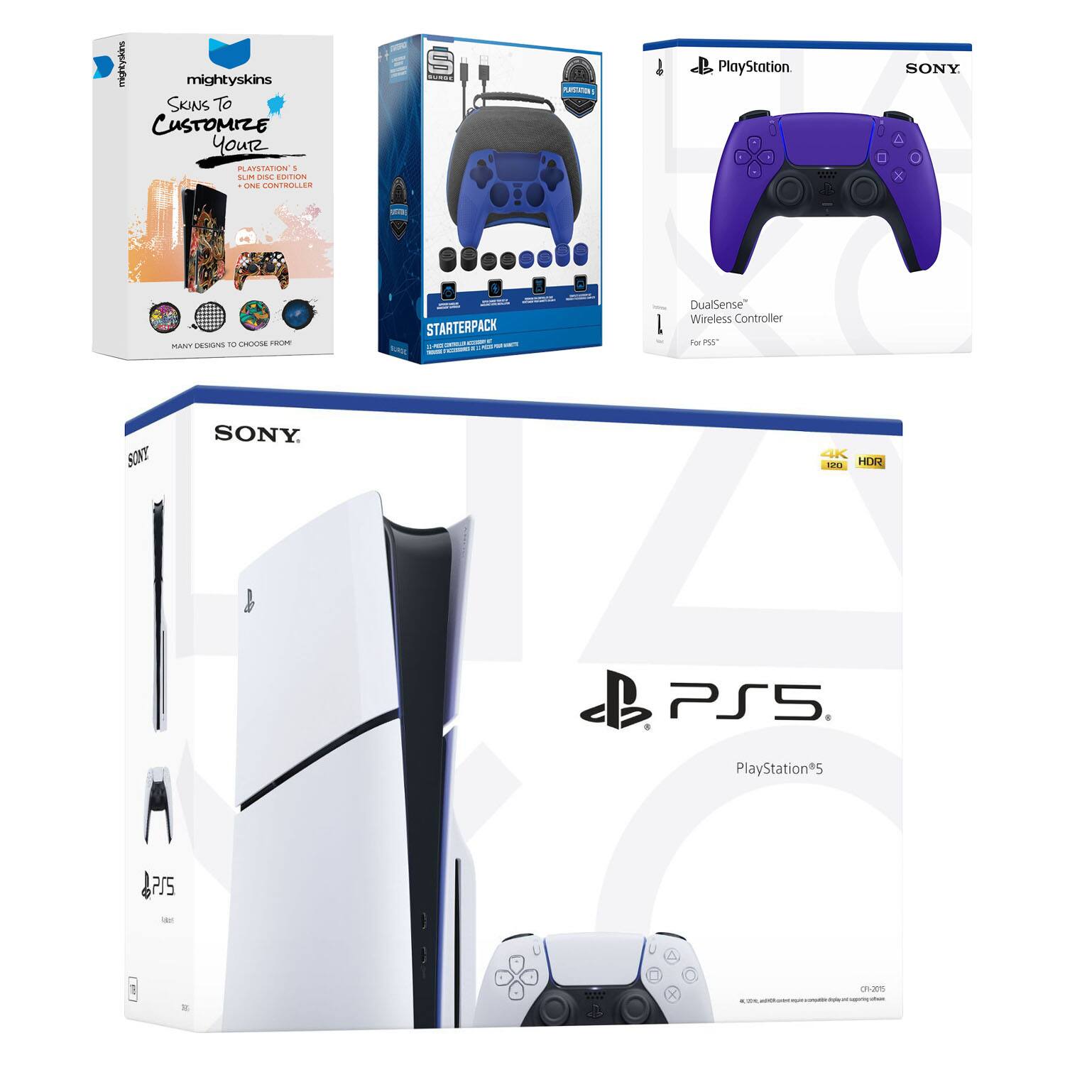 mighty skins  
Skins To Customize Your  
PS5 Slim Disc Edition  
One Controller  

STARTERPACK  
12 PREMIUM SKINS TO CHOOSE FROM  

DualSense™ Wireless Controller  
For PS5™  

PlayStation®5  
4K HDR  

SONY