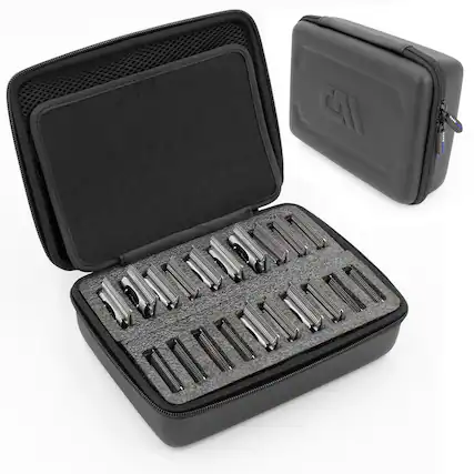 Front. CASEMATIX - 20-Slot Hair Clipper Blade Holder Case for Barbers & Stylists – Detachable Blades, Guards, and Accessory Storage.
