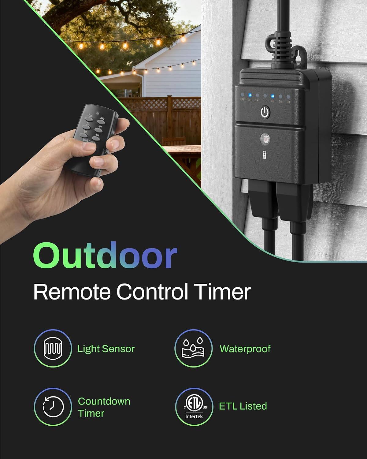BN LINK Outdoor Timer for Lights, 100FT Remote Control 2 Outlets, Dusk ...