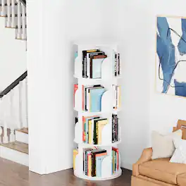Tooloton - 360-Degree Rotating Bookcase, 4-Tier Spinning Shelf Unit, Revolving Storage Carousel Organizer - White