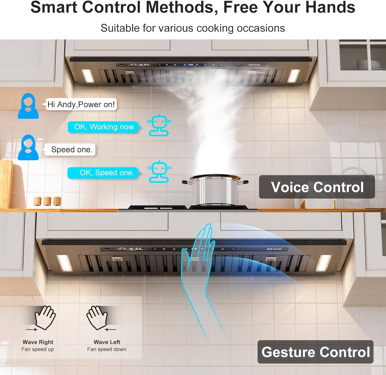 Smart Control Methods, Free Your Hands  
Suitable for various cooking occasions  

Hi Andy, Power on!  
OK, Working now  

Speed one.  
OK, Speed one.  

Voice Control  
Wave Right - Fan speed up  
Wave Left - Fan speed down  

Gesture Control