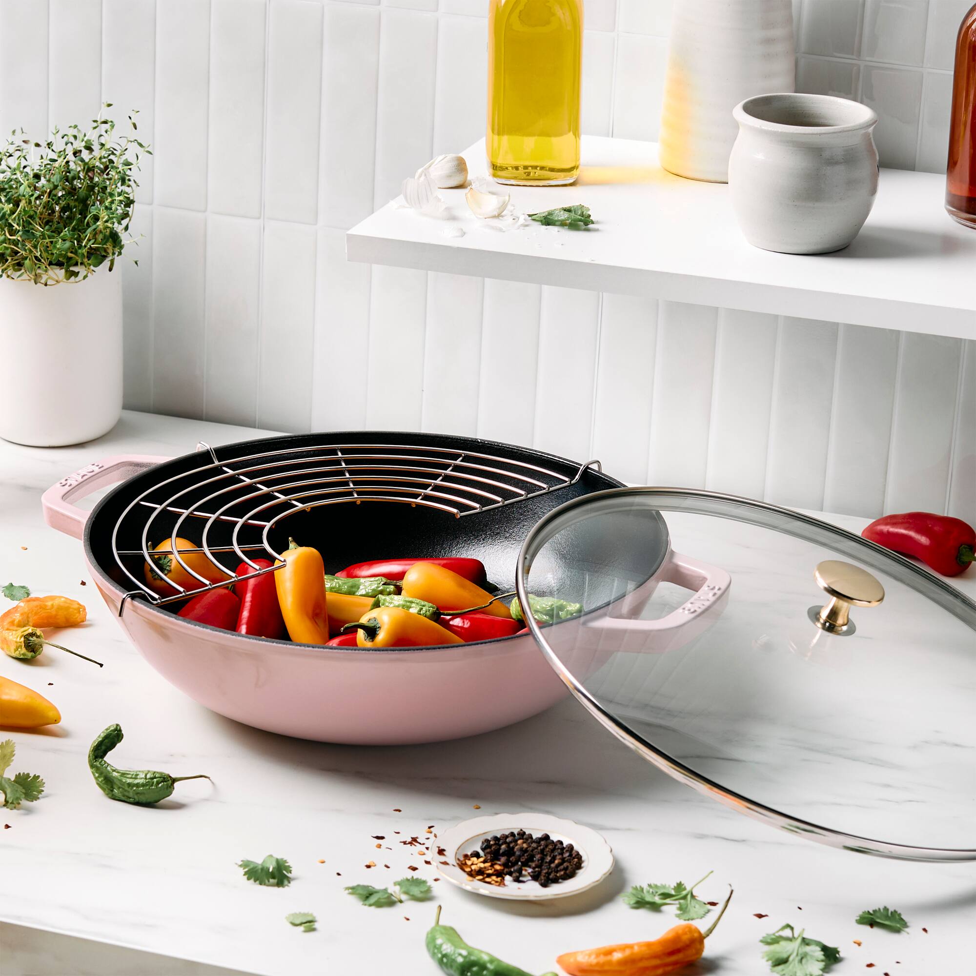 Alt View 3. Staub - Staub Cast Iron Perfect Pan , Wok, 4.5-quart,  serves 4-5, Made in France, Peony Pink - Pink Peony.