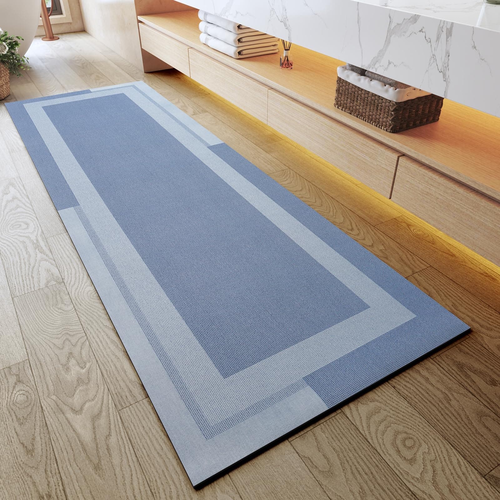 Paradigms Interiors - Non Slip Bath Mat Rubber Backing Ultra Thin Bathroom Rugs Fit Under Door Quick Dry Super Absorbent Washable Rug Shower F - Blue-24” x 70“