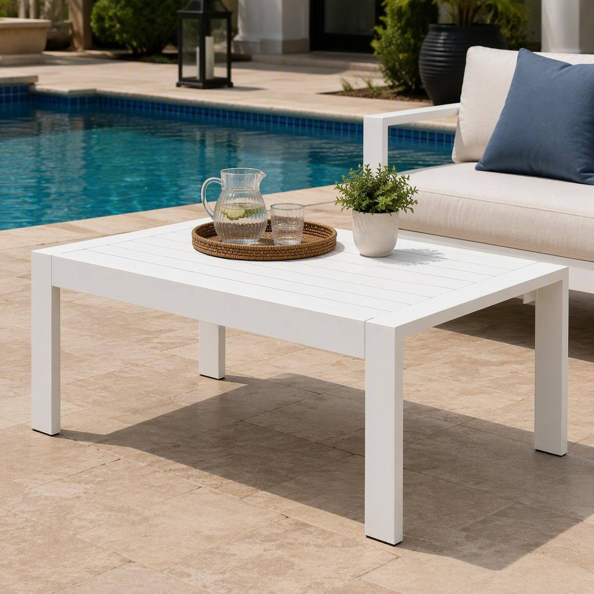 Alt View 1. RYHNUYNE - Modern 43" Outdoor Coffee Table in Matte White Aluminum,Outdoor Furniture for Deck Balcony Poolside and Porch - White.
