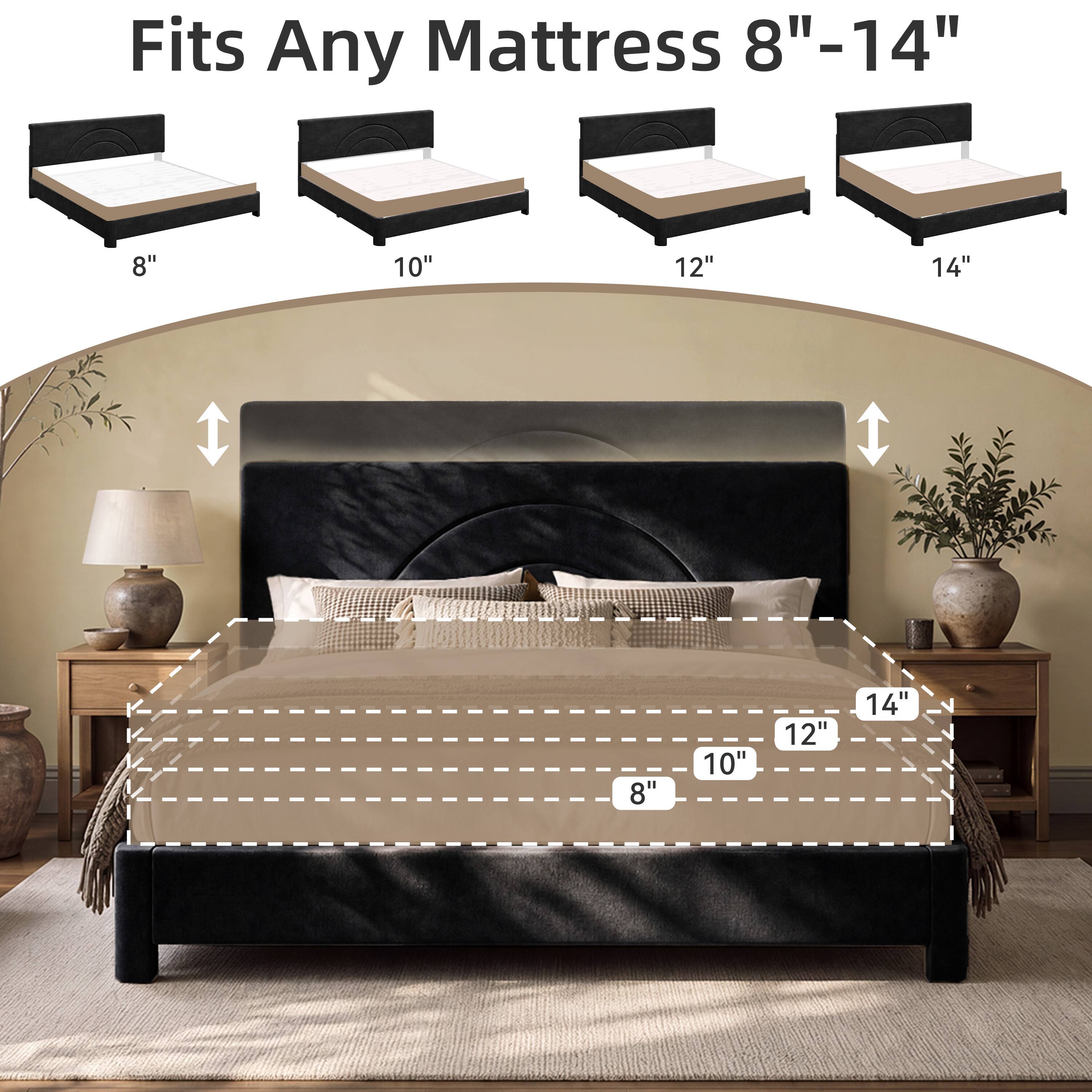 Vipbear Velvet Upholstered Bed Frame with Solid Wood Slats, Platform ...