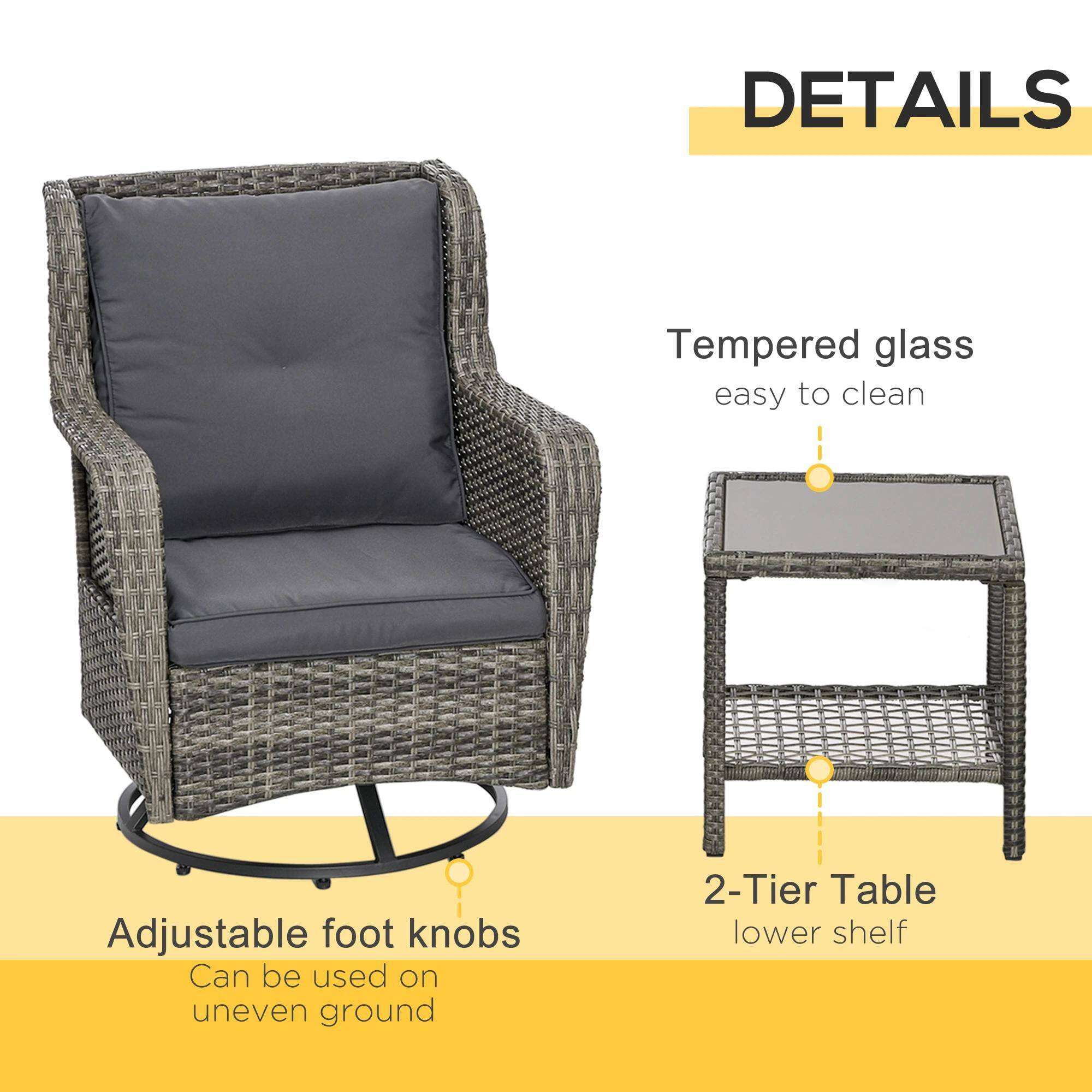 DETAILS

Tempered glass easy to clean

Adjustable foot knobs Can be used on uneven ground

2-Tier Table lower shelf