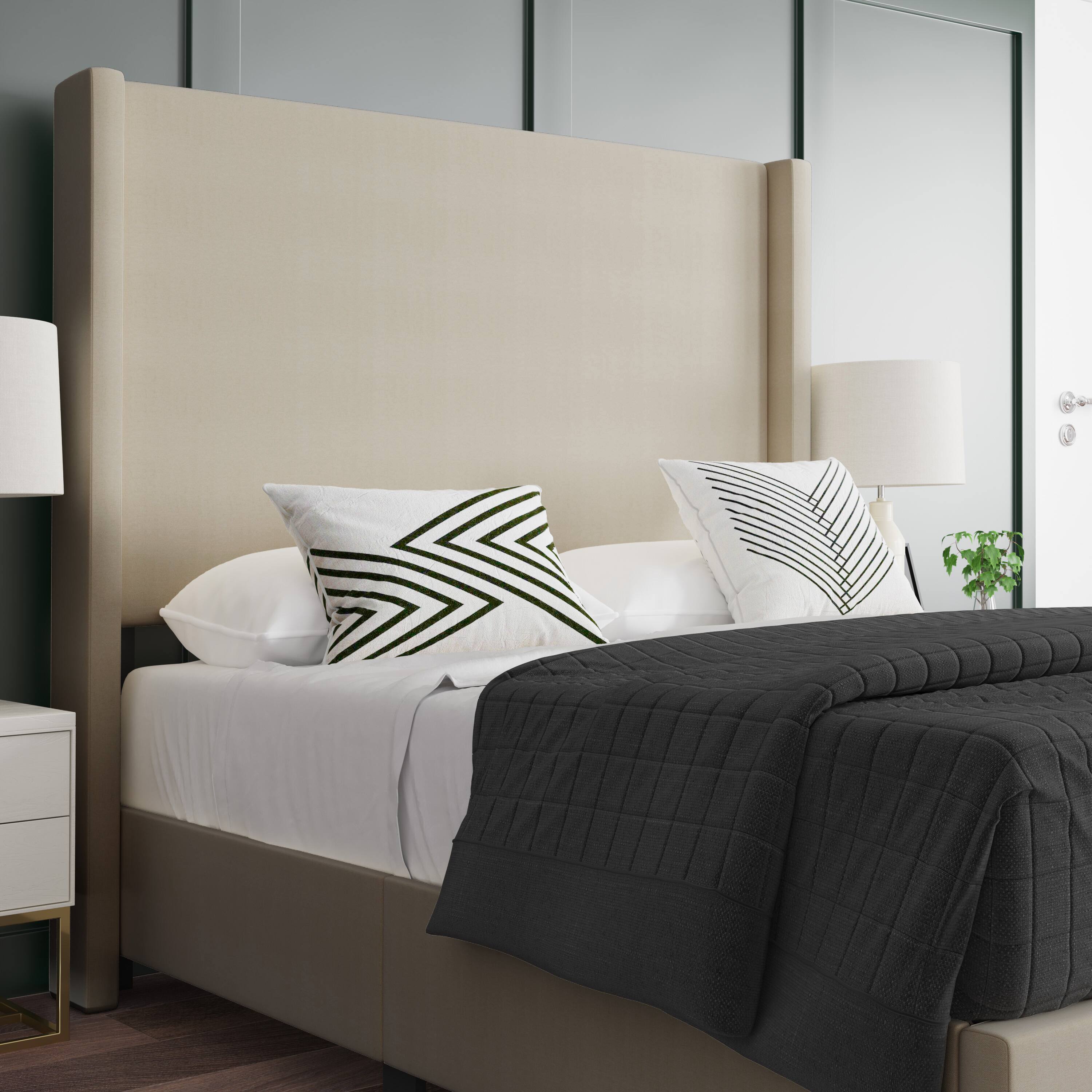 Alt View 4. Emma + Oliver - Nora upholstered Platform Bed with Plush Padded Wingback Headboard and Wood Support Slats - No Box Spring Needed - Beige.