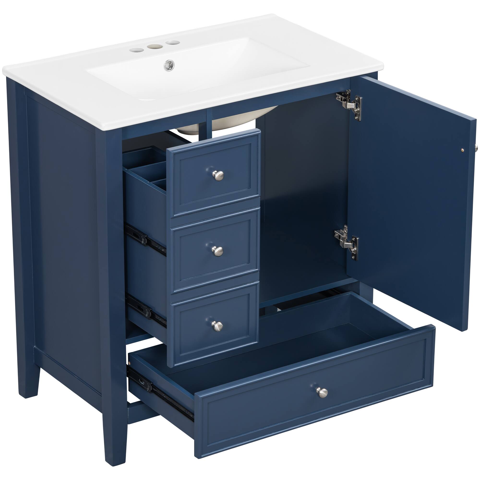 Alt View 1. Whisen - 30" Bathroom Vanity with Ceramic Sink Combo 3-Drawer 1-Cabinet Freestanding Storage Cabinet - Blue.