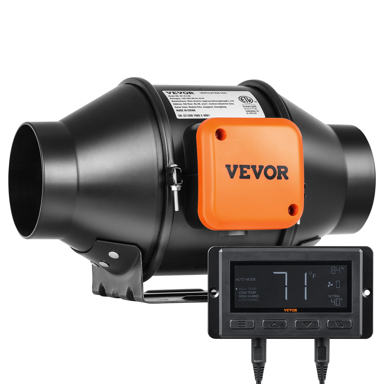 VEVOR - Inline Duct Fan, 4-Inch 205 CFM Quiet EC-motor Ventilation Exhaust Fan, with Temperature Humidity Controller - Black