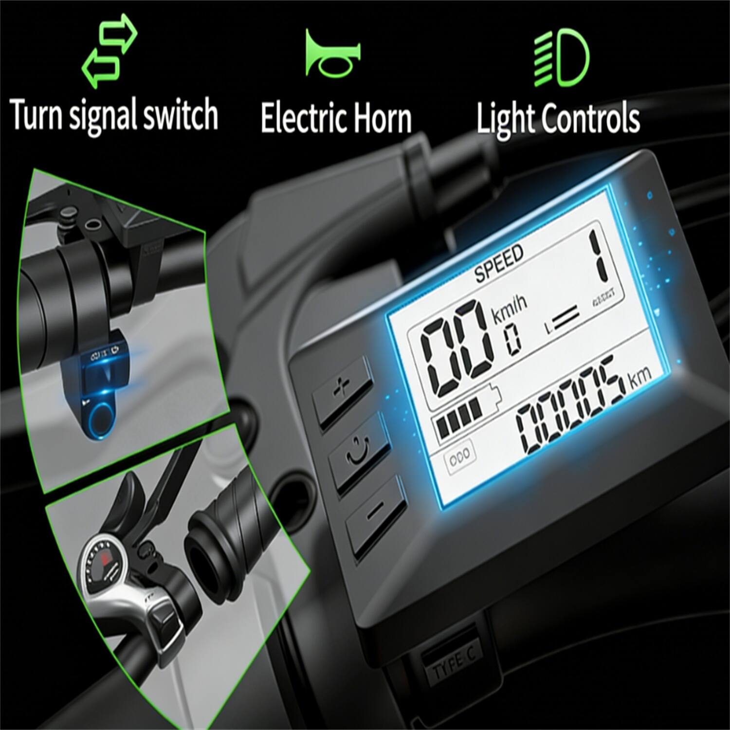 Turn signal switch  
Electric Horn  
Light Controls  

SPEED  
000 km/h  

ODO  
000015 km  

TYFE C