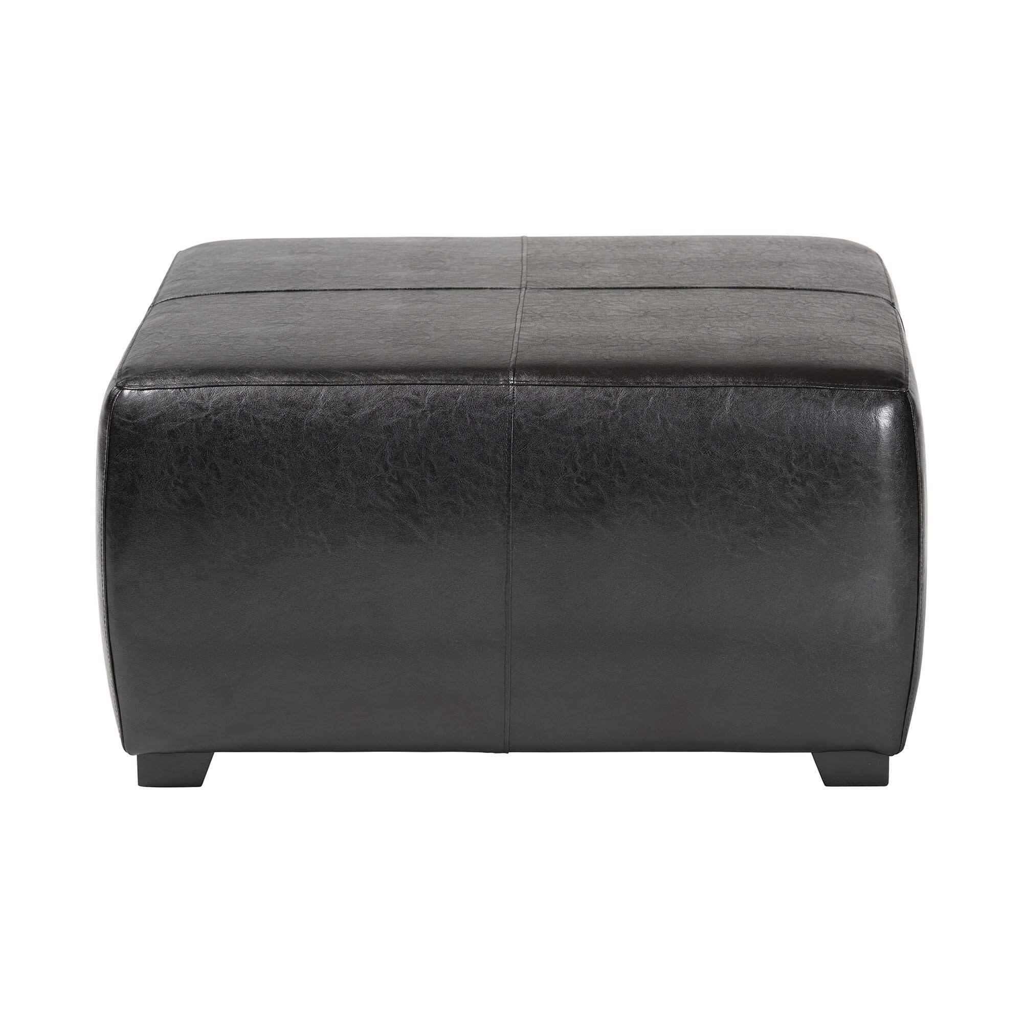 Angle. Baxton Studio - Full Leather Square Ottoman Footstool - Black.