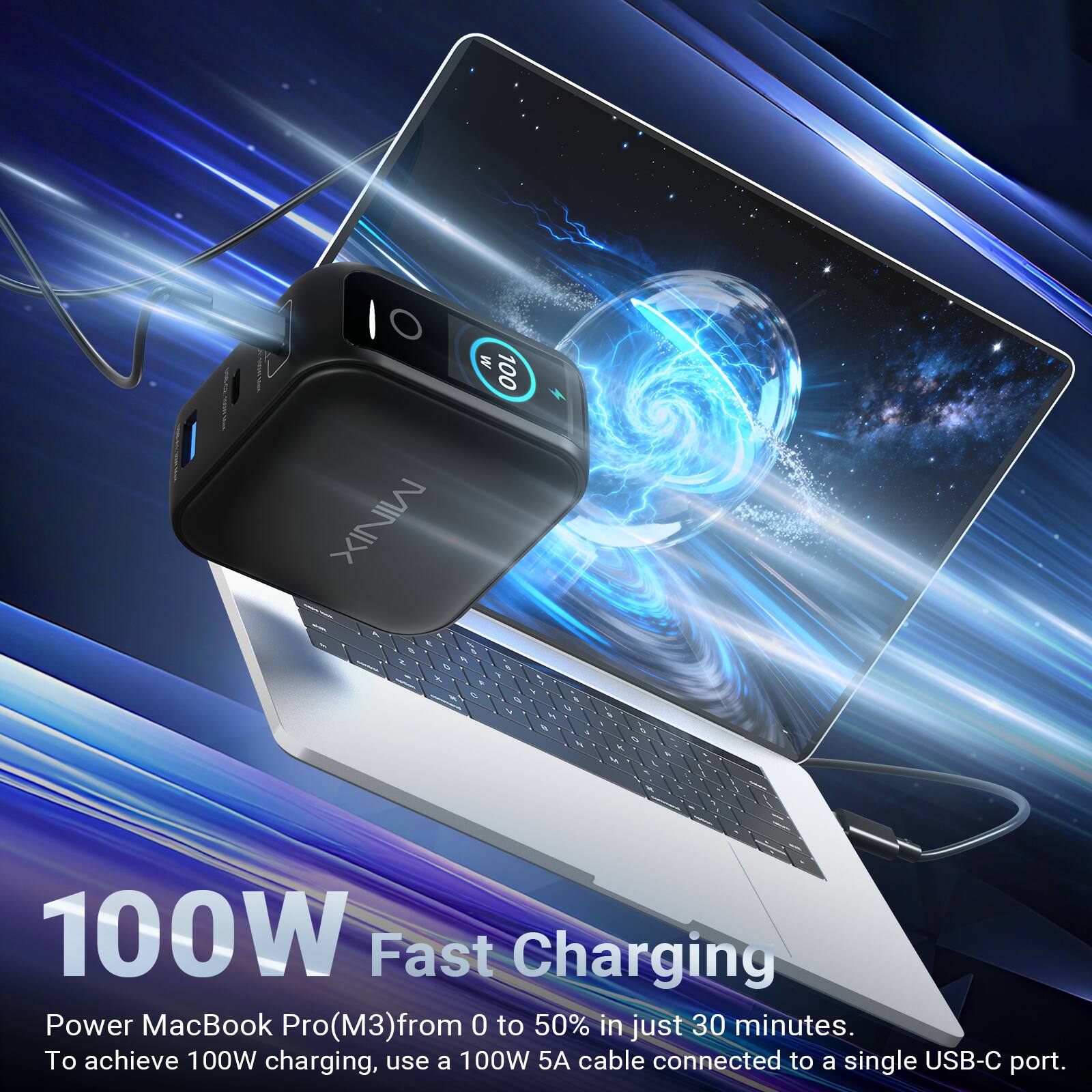 100W Fast Charging

Power MacBook Pro (M3) from 0 to 50% in just 30 minutes. To achieve 100W charging, use a 100W 5A cable connected to a single USB-C port.