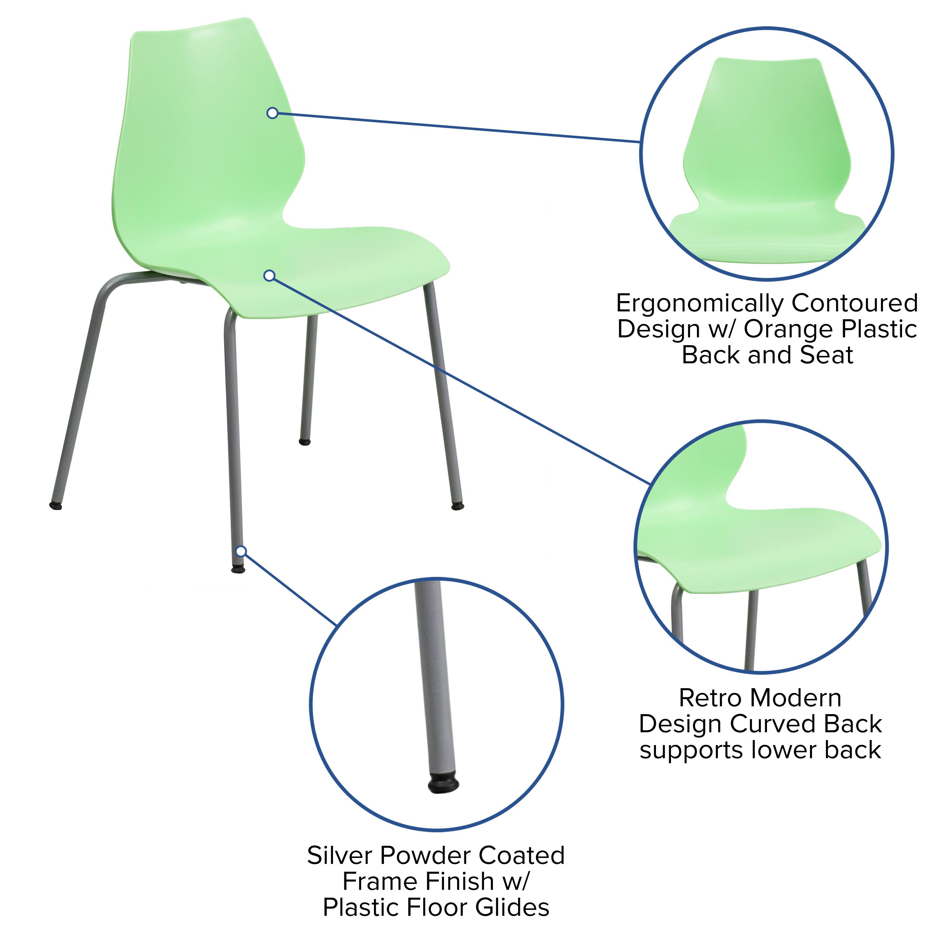 Ergonomically Contoured Design w/ Orange Plastic Back and Seat  
Retro Modern Design Curved Back supports lower back  
Silver Powder Coated Frame Finish w/ Plastic Floor Glides
