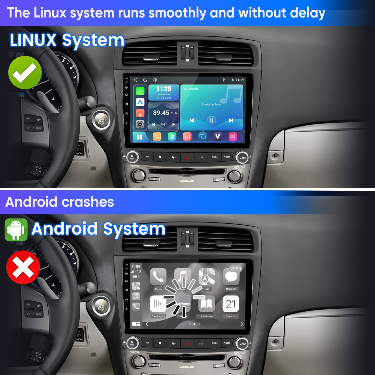 The Linux system runs smoothly and without delay  
LINUX System  

11:29  
11:29 Wednesday 04-03-2026  
Bluetooth  
I wonder how  
89.45 MHz  
DRSP  
START 400  
FM1  
M UCT  
ON  
AC  
DUAL  
CTUA  
MODE  
PHOTOCK  
as a -  
$0.1  
LADALES  
WAME  

Android crashes  
Android System DOOR X  

11:55 In 4G Phone  
Mup  
2860 Messages  
DISP  
START NOTO  

Now playing  
arHome  
Audiobeoks  
21 Calendar  
My  
ECT CADE  
x COM  
MC  
&  
de  
400  
HOME  
AUTO  
MODE  
YES 35  
Pintock  
THE + Comments LEXT  
LOAD  
TM $0.1