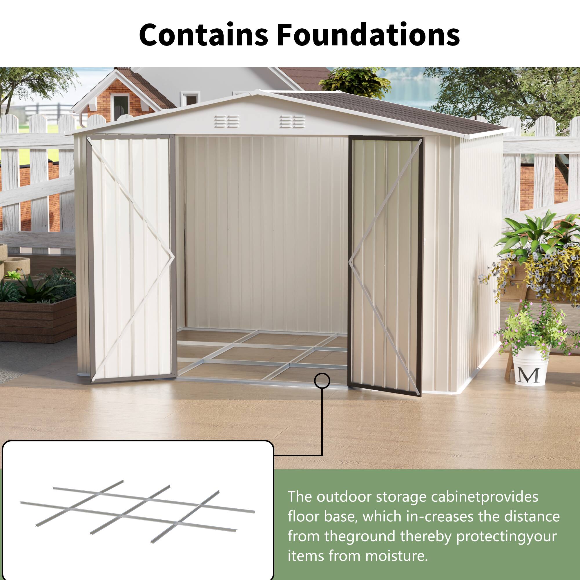 Left. TinyHomie - 10 x 8 FT White Color Outdoor Garden Shed Aluminum alloy frame With Hinge Door and foundation.