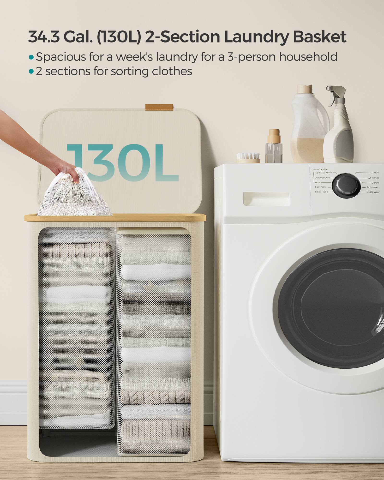 34.3 Gal. (130L) 2-Section Laundry Basket  
- Spacious for a week's laundry for a 3-person household  
- 2 sections for sorting clothes