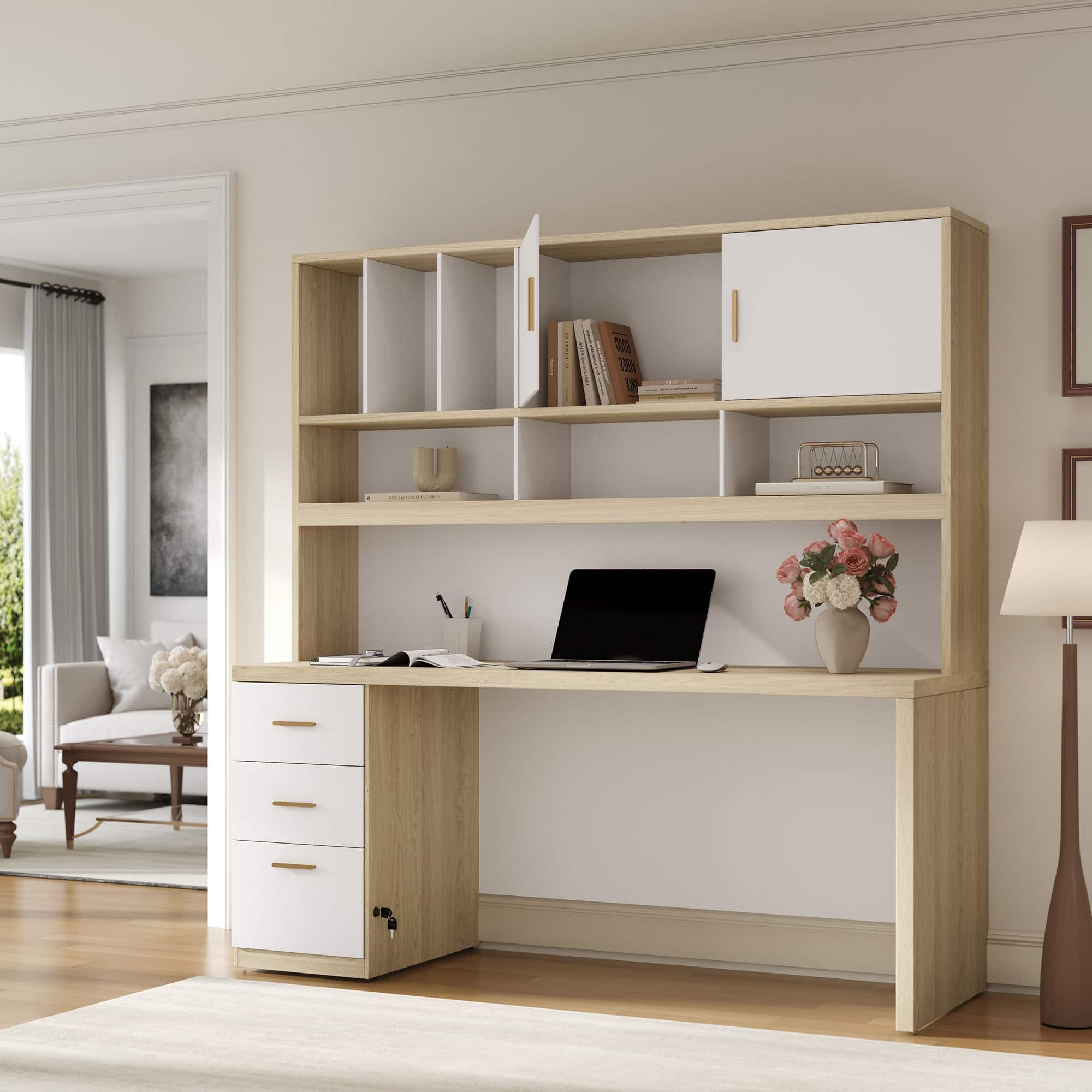 ModernMate - Computer Desk with Hutch and Drawers, 72.8" Executive Office Desk with Storage, 1.18" Desktop - Light Walnut