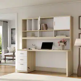 ModernMate - Computer Desk with Hutch and Drawers, 72.8" Executive Office Desk with Storage, 1.18" Desktop - Light Walnut