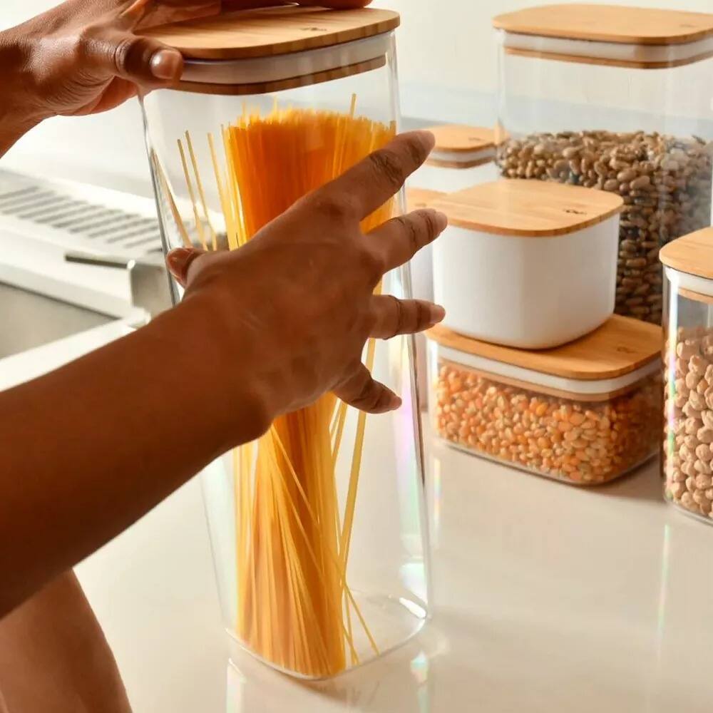 Angle. OU - OU Airtight Food Storage Container w Bamboo Lid 8.4cup, Plastic Food Storage Container.