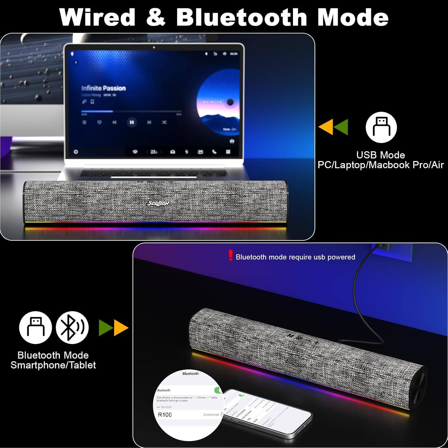 Wired & Bluetooth Mode

USB Mode
PC/Laptop/Macbook Pro/Air

Bluetooth Mode
Smartphone/Tablet

Bluetooth mode require usb powered