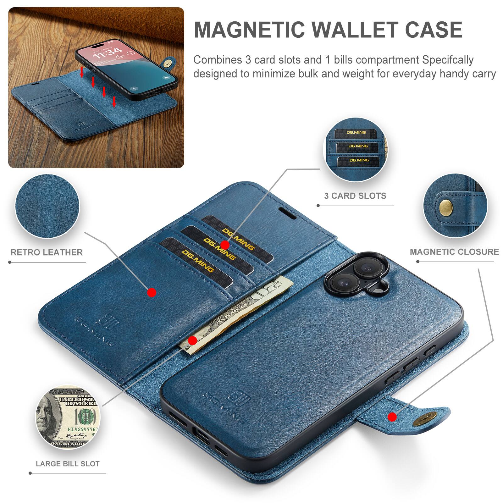 - 11:34  
MAGNETIC WALLET CASE  
Combines 3 card slots and 1 bills compartment  
Specifically designed to minimize bulk and weight for everyday handy carry  

DALMI LARNO I  
3 CARD SLOTS  
RETRO LEATHER  
PEAING  
DG.MING  
DE.MING  
DG.MING  
8D MAGNETIC CLOSURE  
CHAR  
AULSE  
nthotNR  
XE  
294776  
AOI  
RGMING  
LARGE BILL SLOT