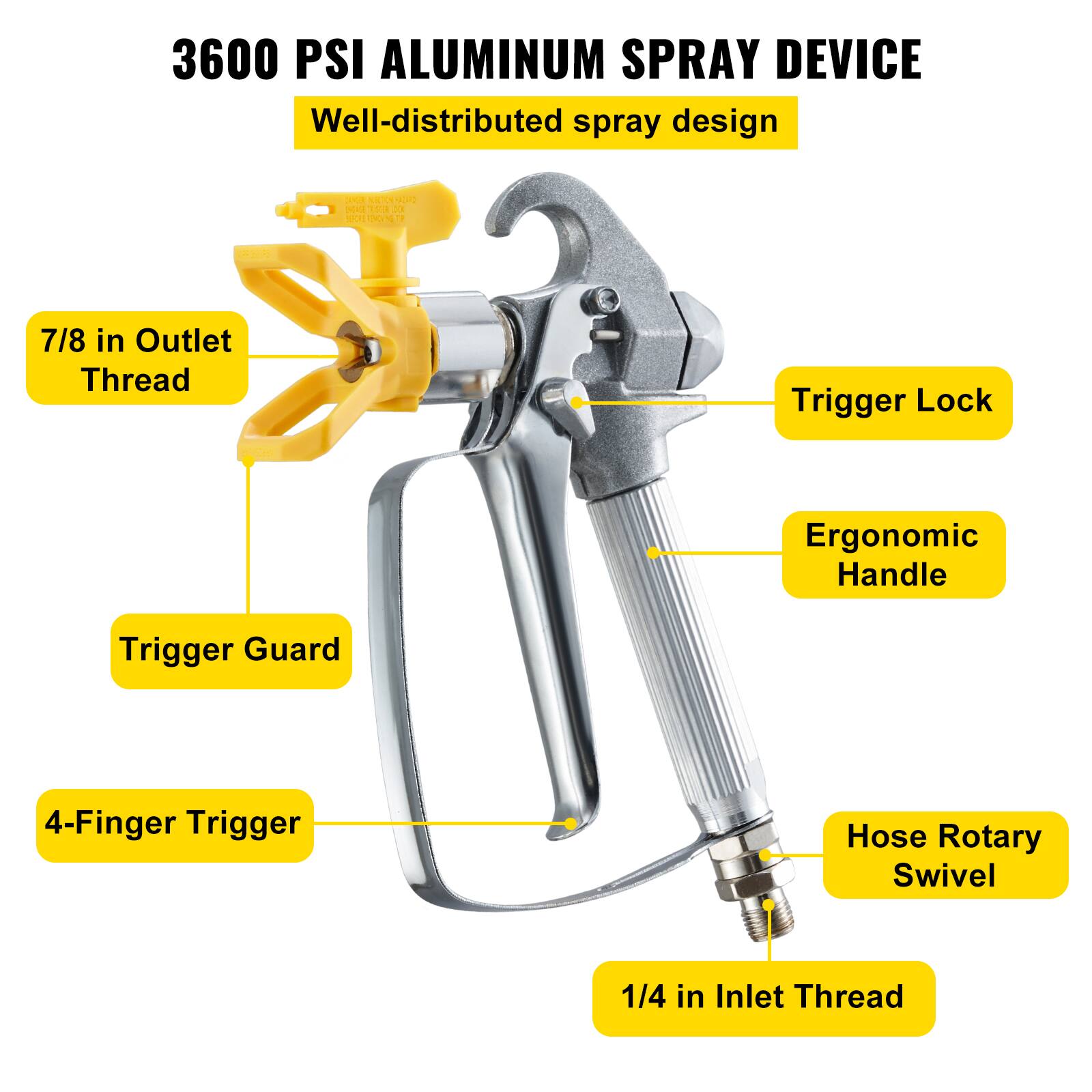 3600 PSI ALUMINUM SPRAY DEVICE  
Well-distributed spray design  

- 7/8 in Outlet Thread  
- Trigger Lock  
- Ergonomic Handle  
- Trigger Guard  
- 4-Finger Trigger  
- Hose Rotary Swivel  
- 1/4 in Inlet Thread