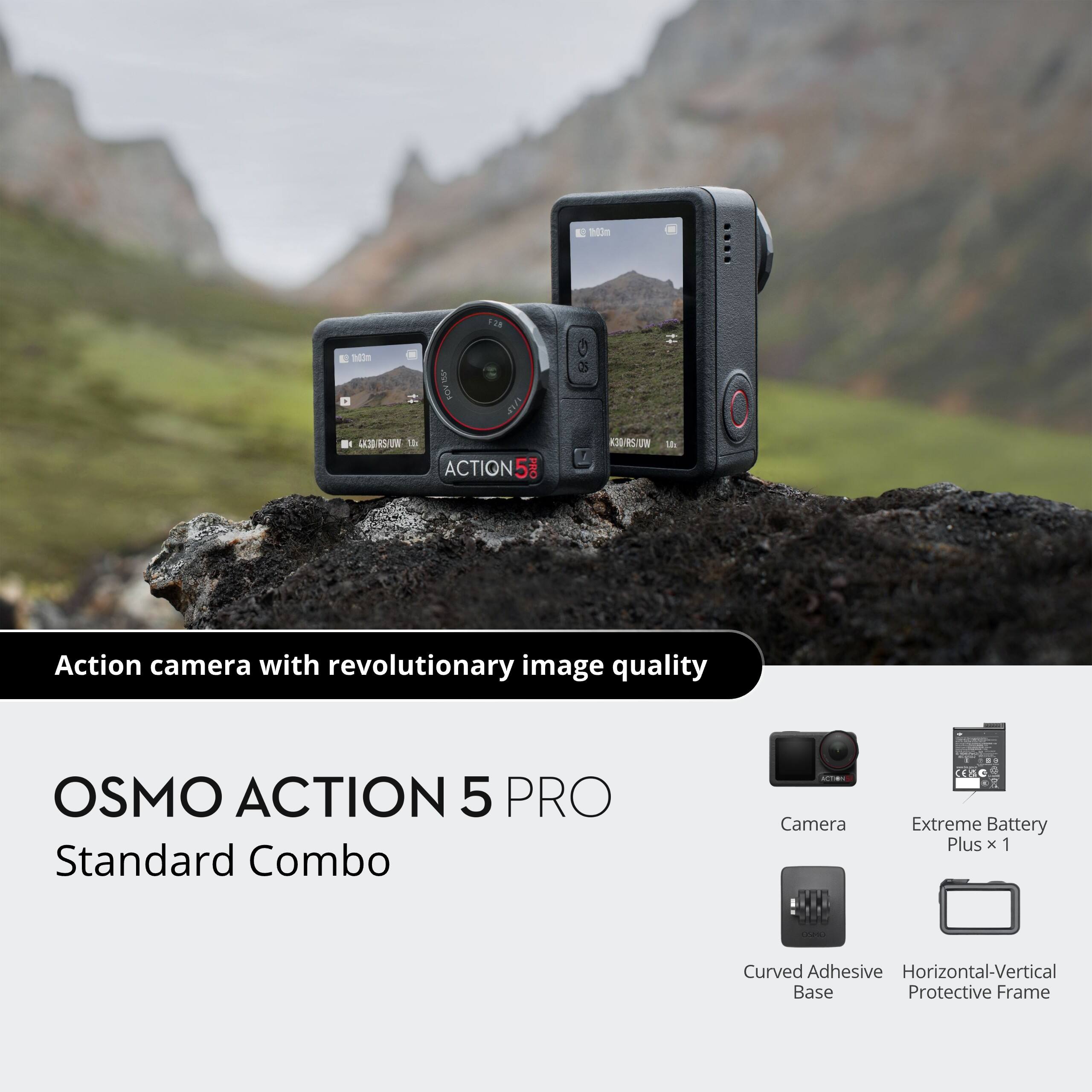 E 13e 12g sin UAP . LC 12 ACTION 5 A Action camera with revolutionary image quality OSMO ACTION 5 PRO Standard Combo Camera Extreme Battery Plus x 1 Curved Adhesive Horizontal-Vertical Base Protective Frame