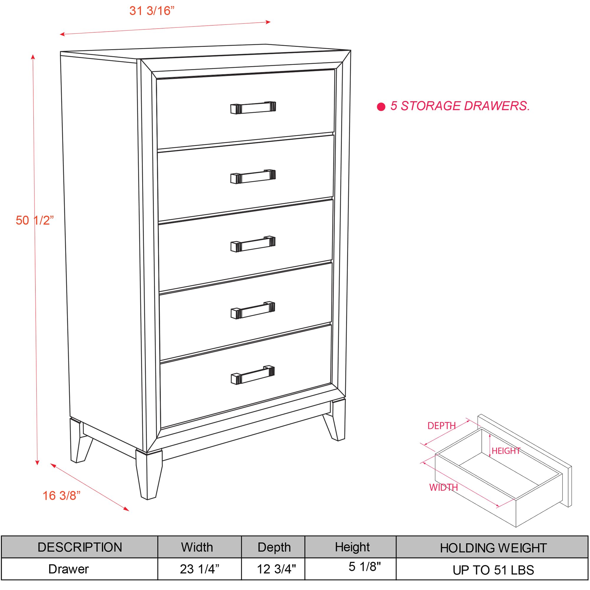 - 31 3/16" HEIGHT
- 50 1/2" DEPTH
- 16 3/8" WIDTH
- 5 STORAGE DRAWERS

DESCRIPTION
- Drawer
  - Width: 23 1/4"
  - Depth: 12 3/4"
  - Height: 5 1/8"
  - HOLDING WEIGHT UP TO 51 LBS