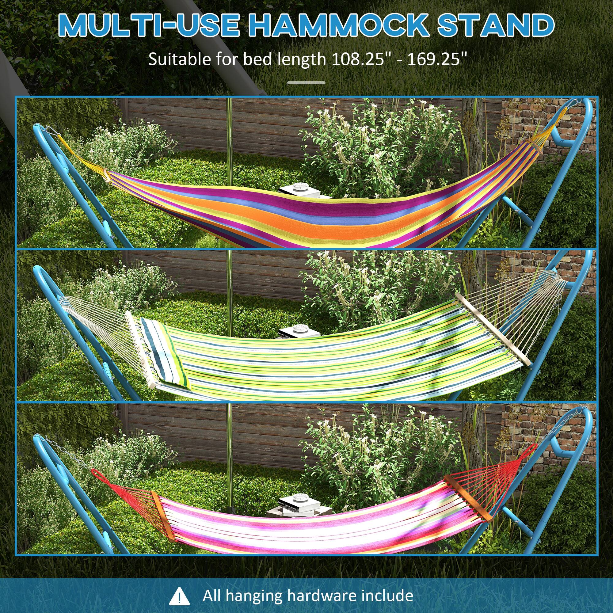 The corrected text from the image is:

"MULTI-USE HAMMOCK STAND
Suitable for bed length 108.25" - 169.25"
All hanging hardware included"