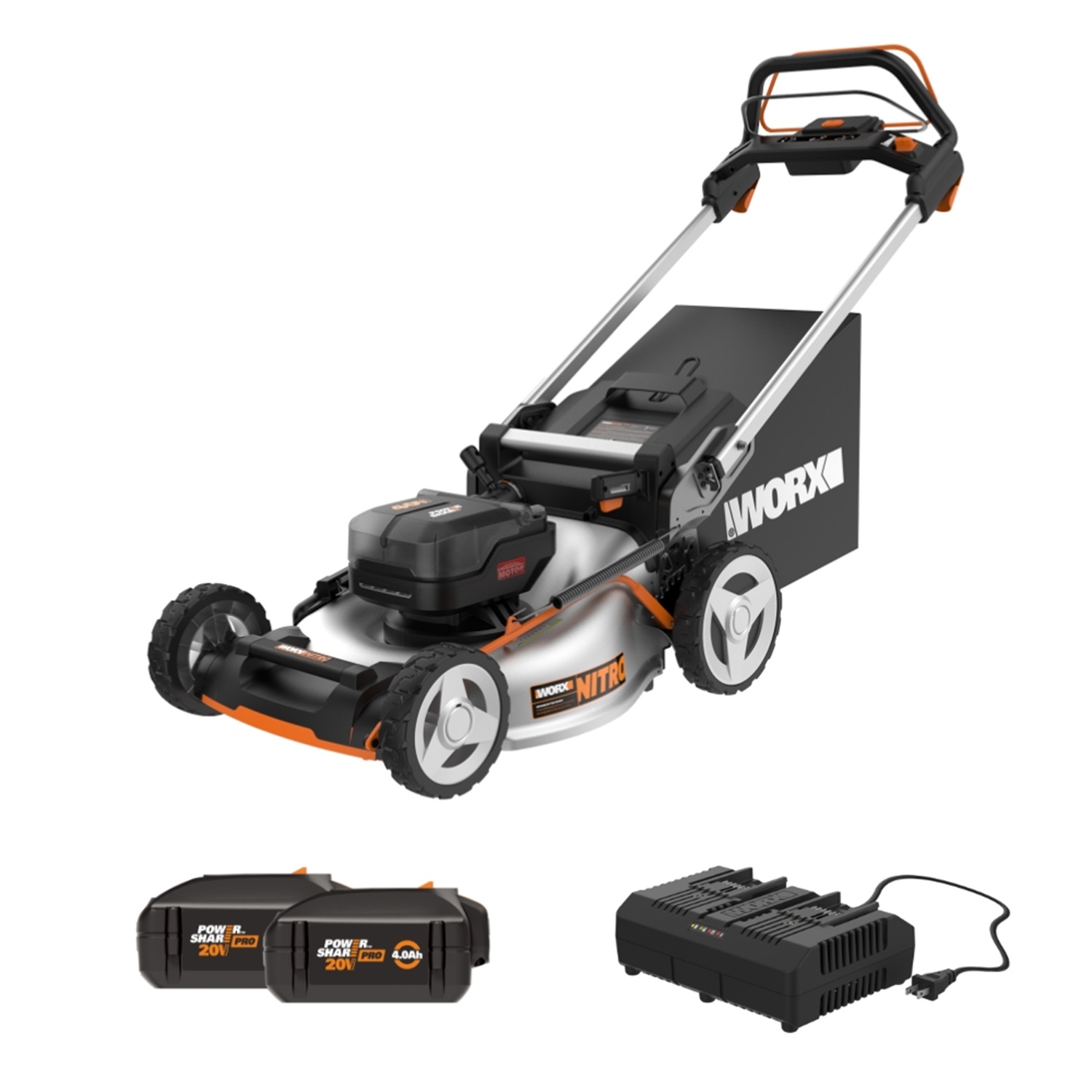 Front. WORX - Nitro 40V Cordless Self-Propelled Lawn Mower (2 x 5.0 Ah Batteries and 1 x Charger) - Black.
