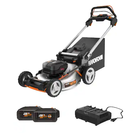 Front. WORX - Nitro 40V Cordless Self-Propelled Lawn Mower (2 x 5.0 Ah Batteries and 1 x Charger) - Black.