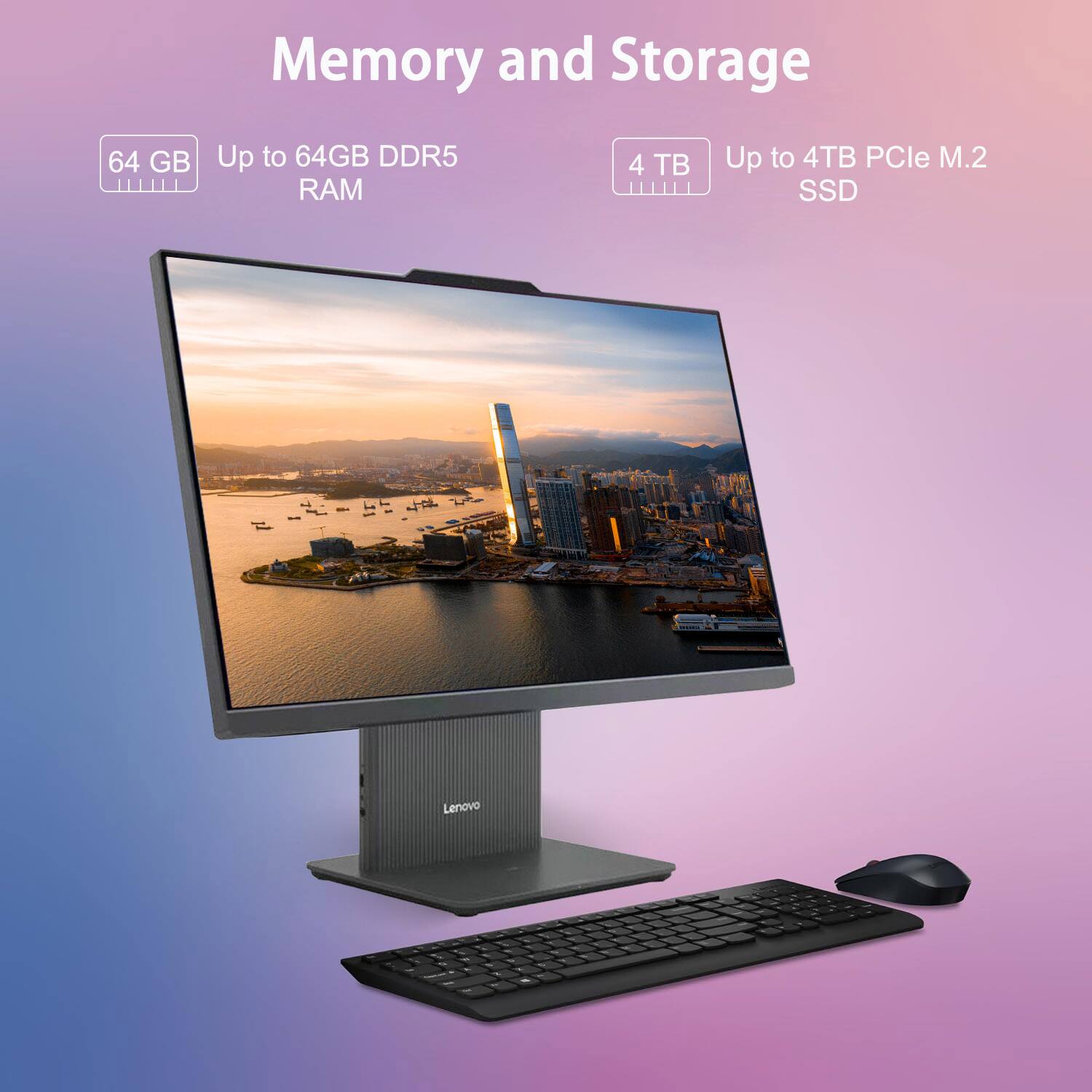Memory and Storage: Lenovo computer with 64GB DDR5 RAM and up to 4TB PCle M.2 SSD.