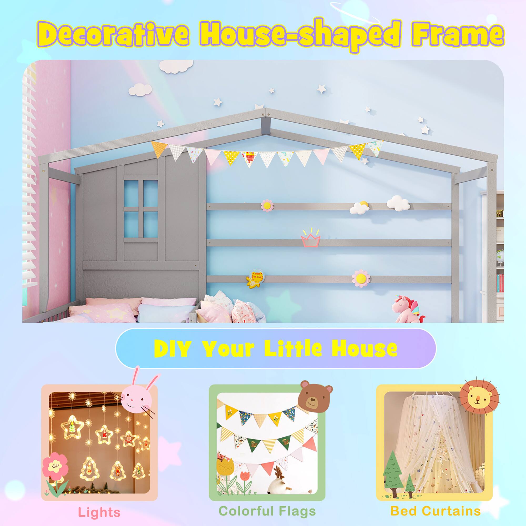 Decorative House-shaped Frame, DIY Your Little House, Lights, Colorful Flags, Bed Curtains