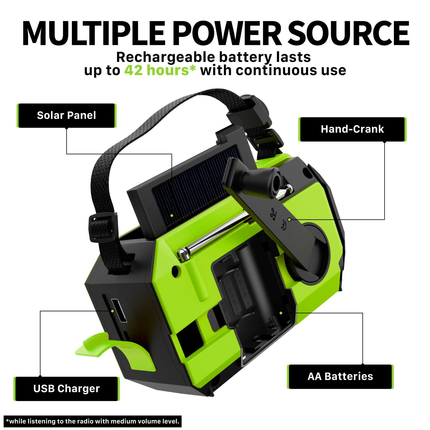 MULTIPLE POWER SOURCE
Rechargeable battery lasts up to 42 hours* with continuous use
Solar Panel
Hand-Crank
USB Charger
AA Batteries
*while listening to the radio with medium volume level.