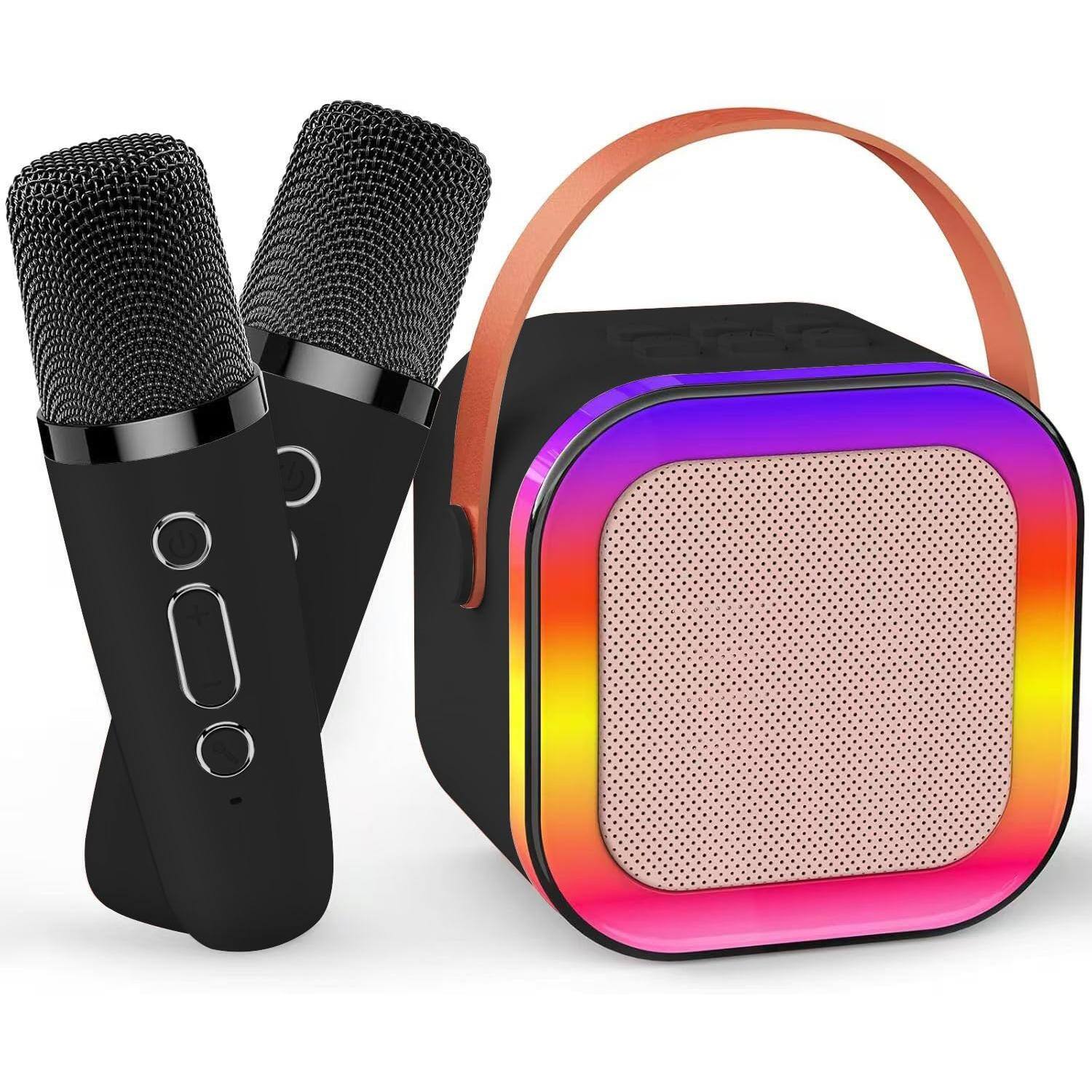 Cozy Serene - Led Light Mini Karaoke Machine For Adults Birthday Easter Gifts Toys Friends 3-12+ Portable With 2 Wireless Mics And Led - Black